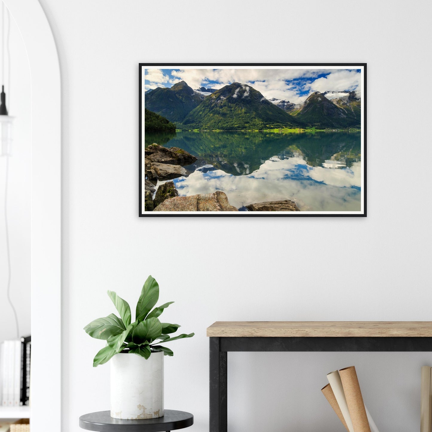 Tranquil Norwegian landscape framed print of Strynevatnet Lake