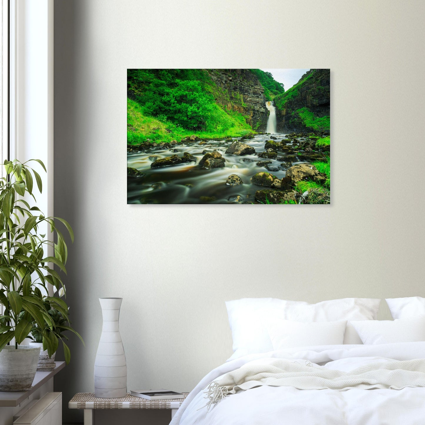 Canvas art capturing the enchanting beauty of Lealt Falls with its silky waterfall and lush surrounding forest on Skye.