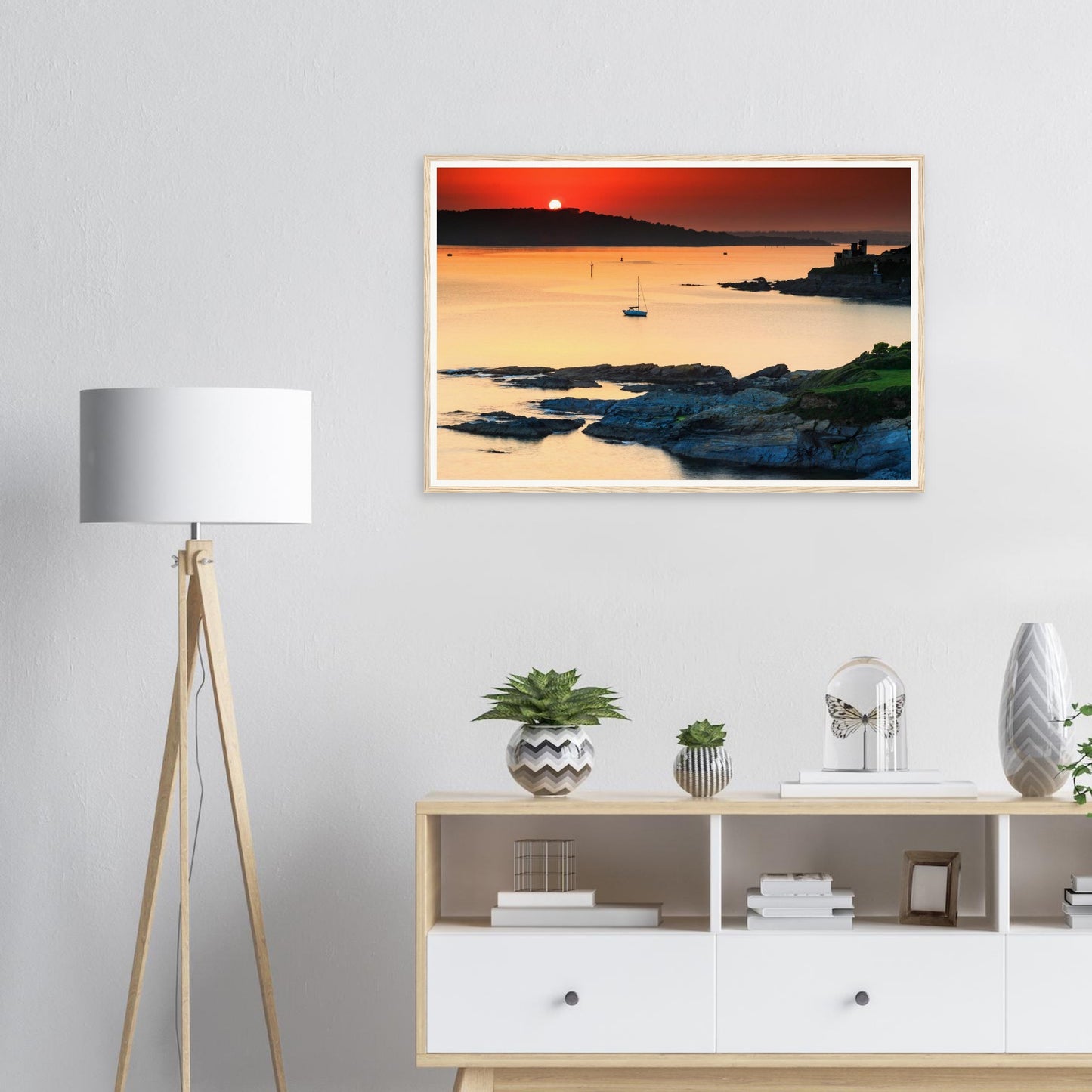 Scenic framed wall art of Devon coastline at Plymouth Sound sunset
