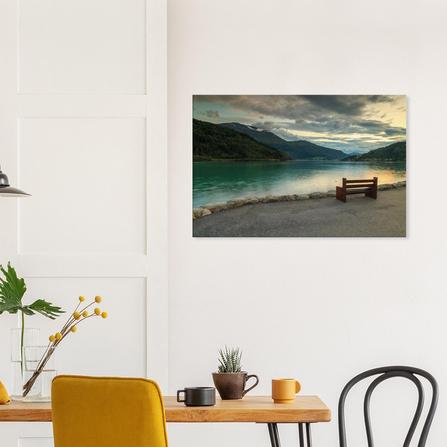 Idyllic Norwegian fjord captured at dusk, showcasing still waters, hills, and a lone bench