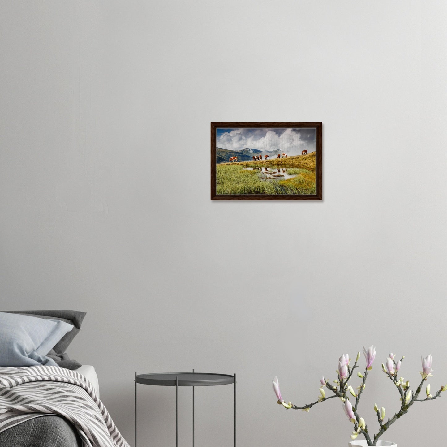 Austria framed wall art with cows, pond, and mountain mist