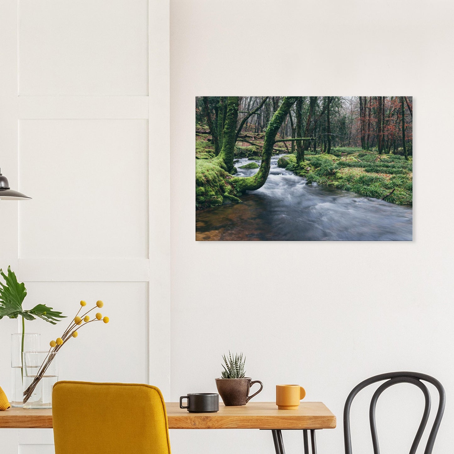 Immersive Dartmoor landscape with slow river motion and rich green forest surroundings