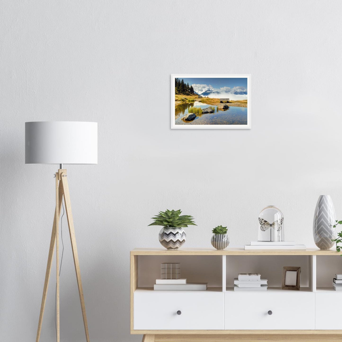 Tranquil Austrian alpine pond and bench framed print