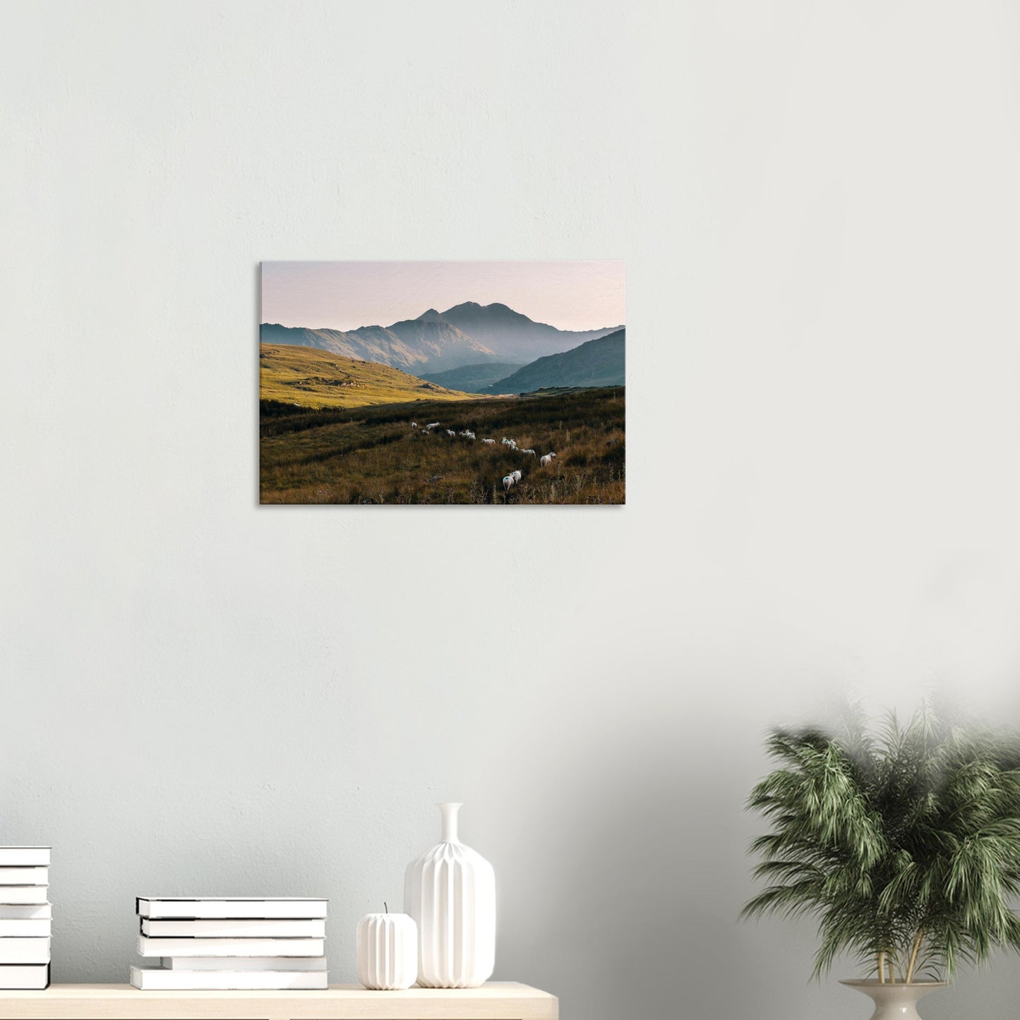 Welsh hillscape bathed in golden sunset glow on canvas