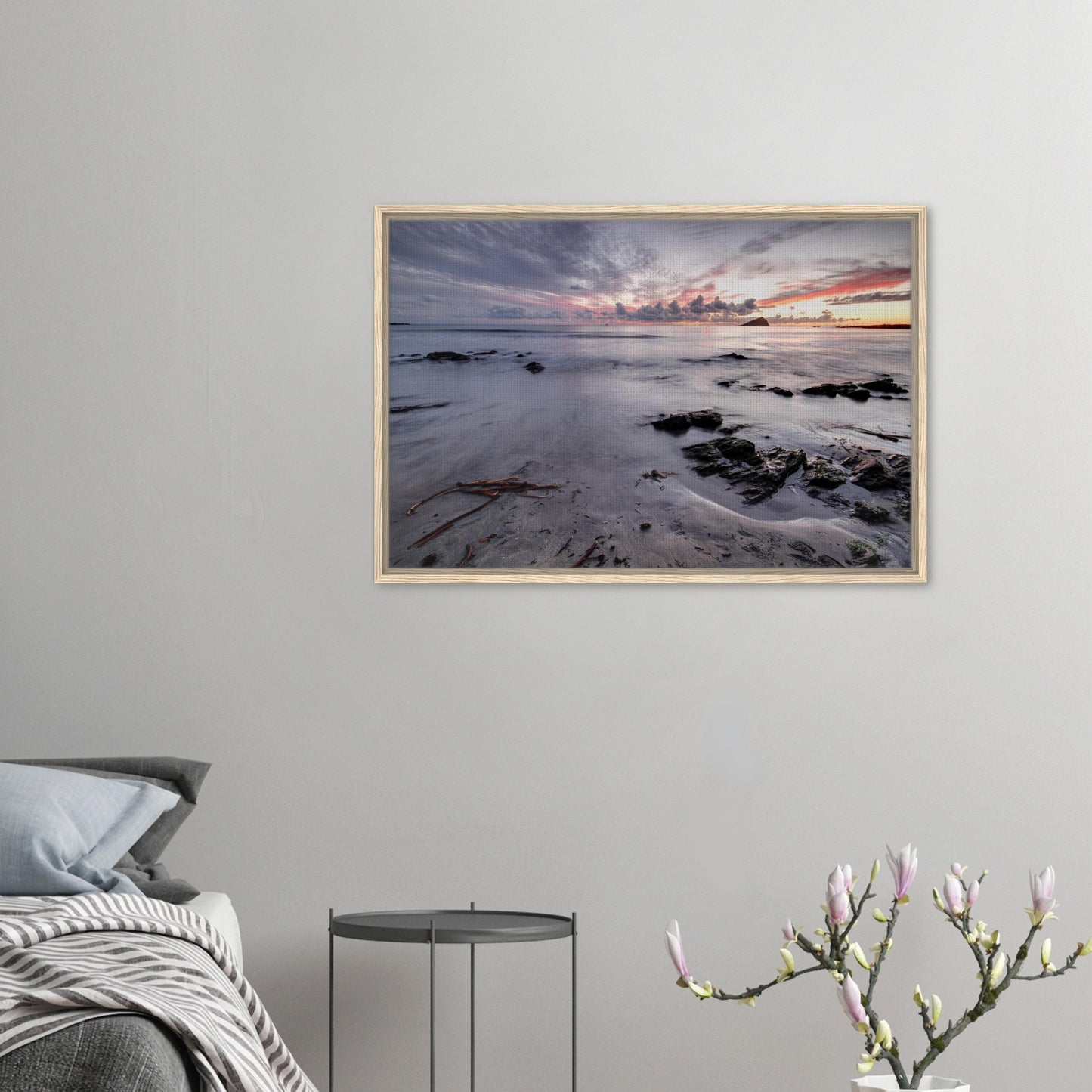 Framed coastal canvas featuring the Mewstone at twilight