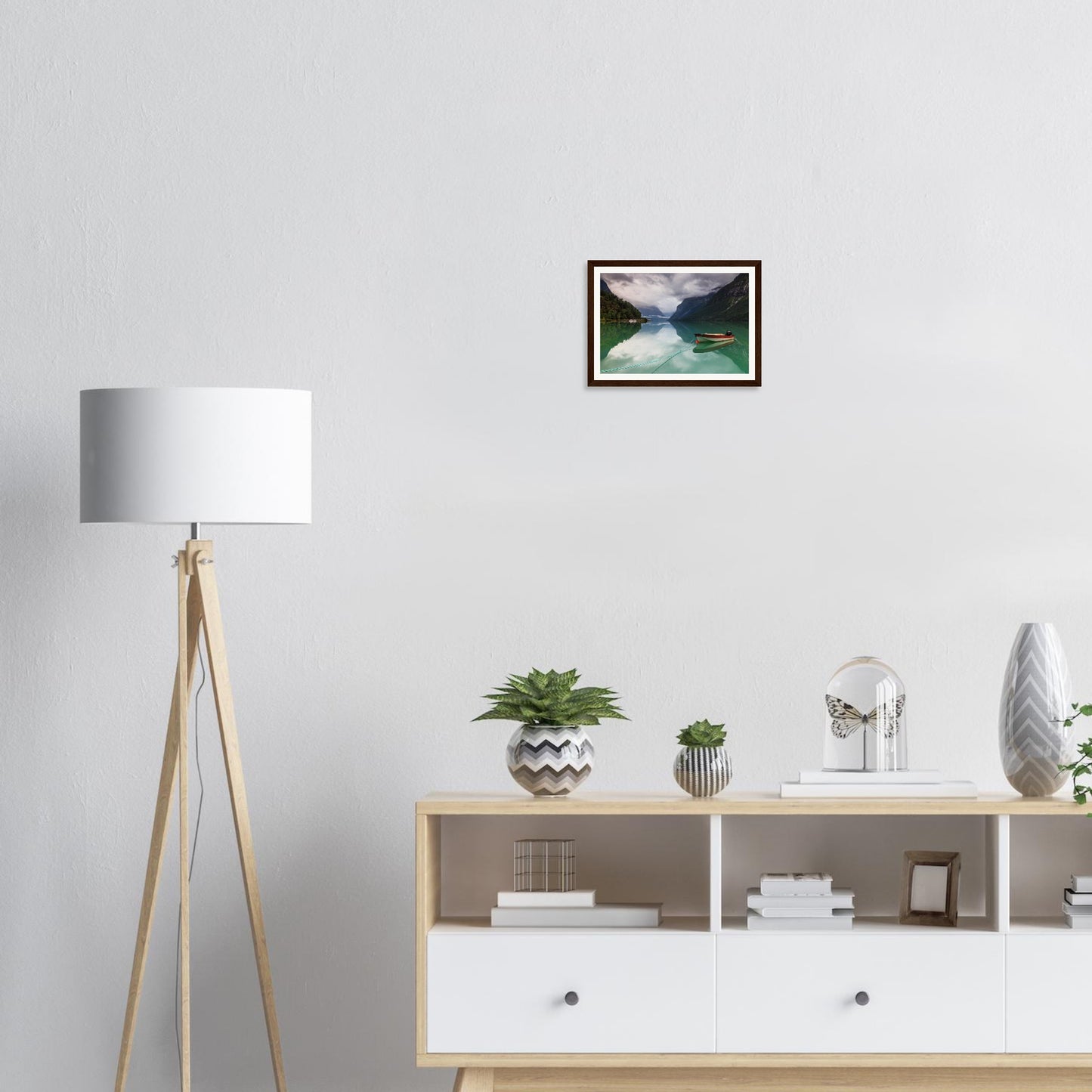 Misty mountains above Lovatnet Lake framed landscape art