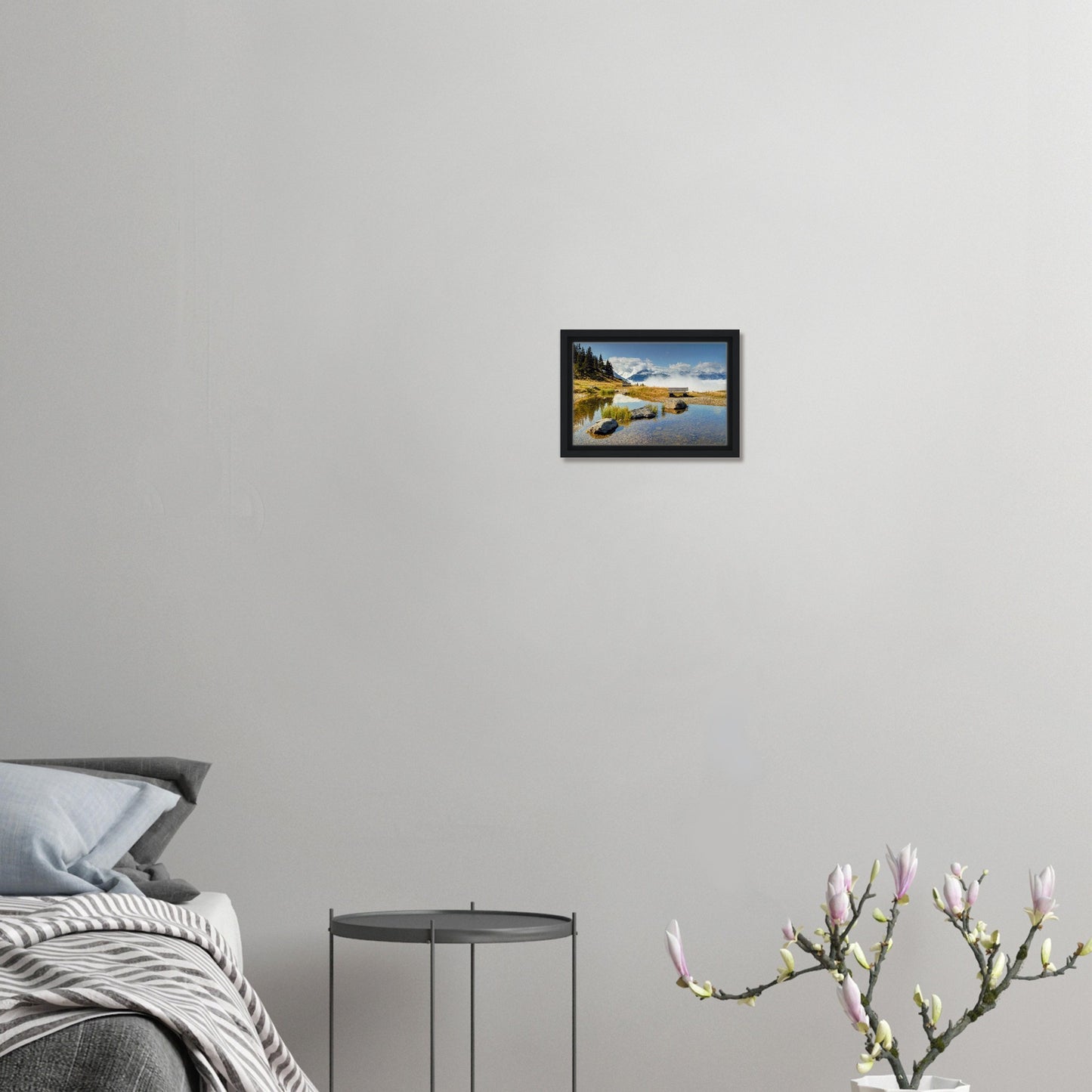 Resterhöhe canvas featuring bench, pond, and cloud-filled valley