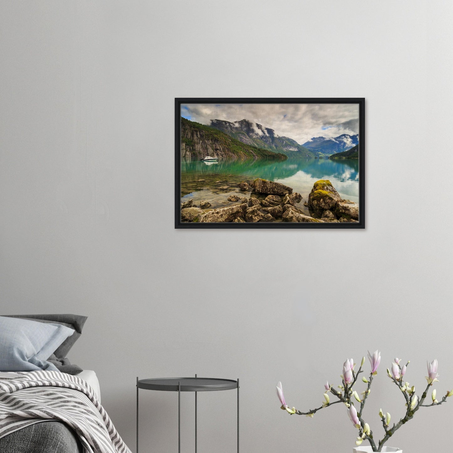 Norwegian nature print with boat on clear lake water