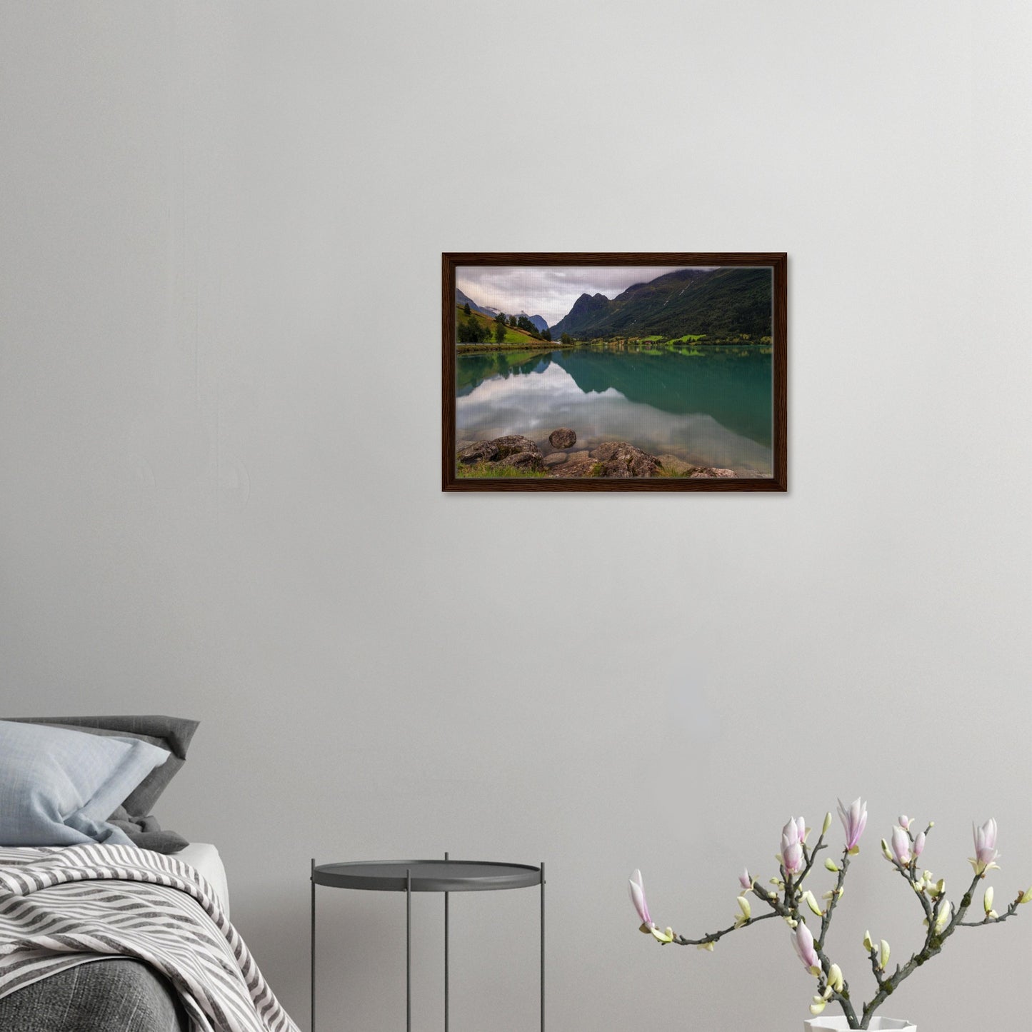 Majestic mountains reflected in Lake Floen framed wall art