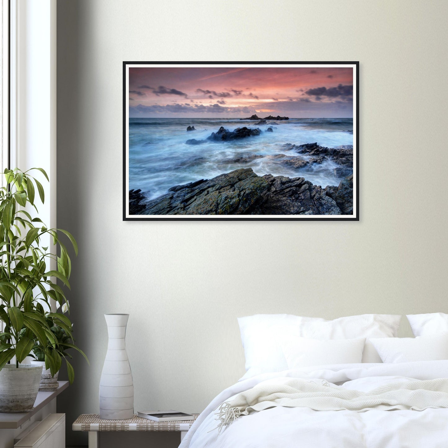 Sunset framed wall art of Heybrook Bay rugged shoreline