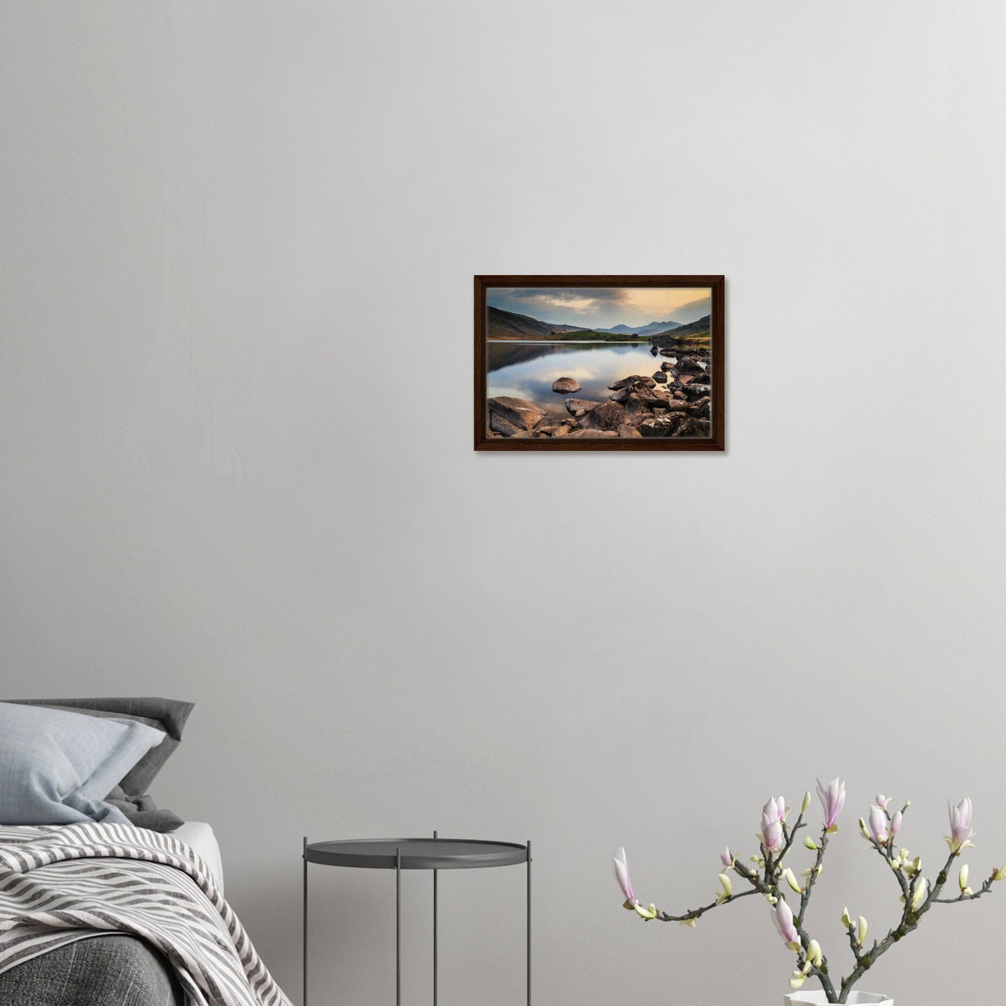 Calm waters of Welsh lake at sunset in wall art print