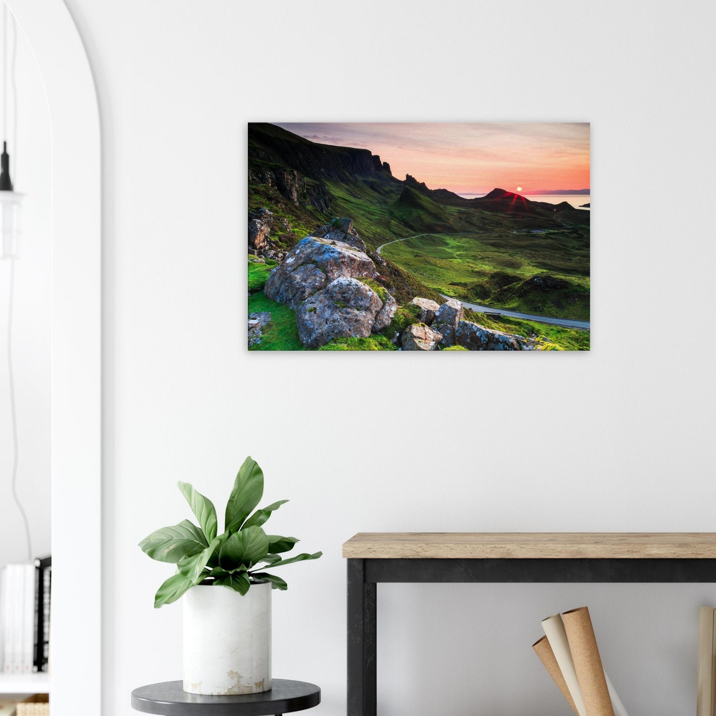 Sunset glow on The Quiraing’s rocky landscape with winding paths and lush greenery, captured in this striking canvas print.
