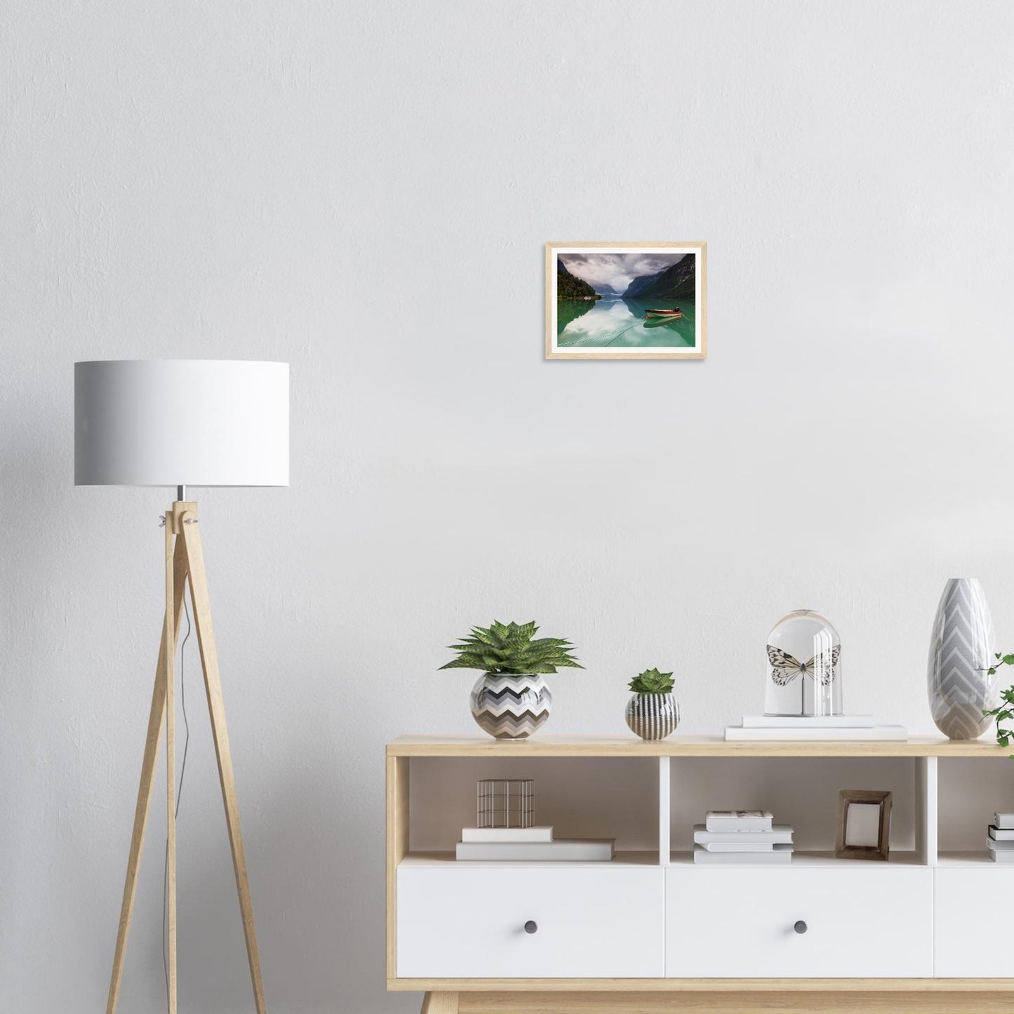 Mist-shrouded mountains above Lovatnet Lake framed wall art
