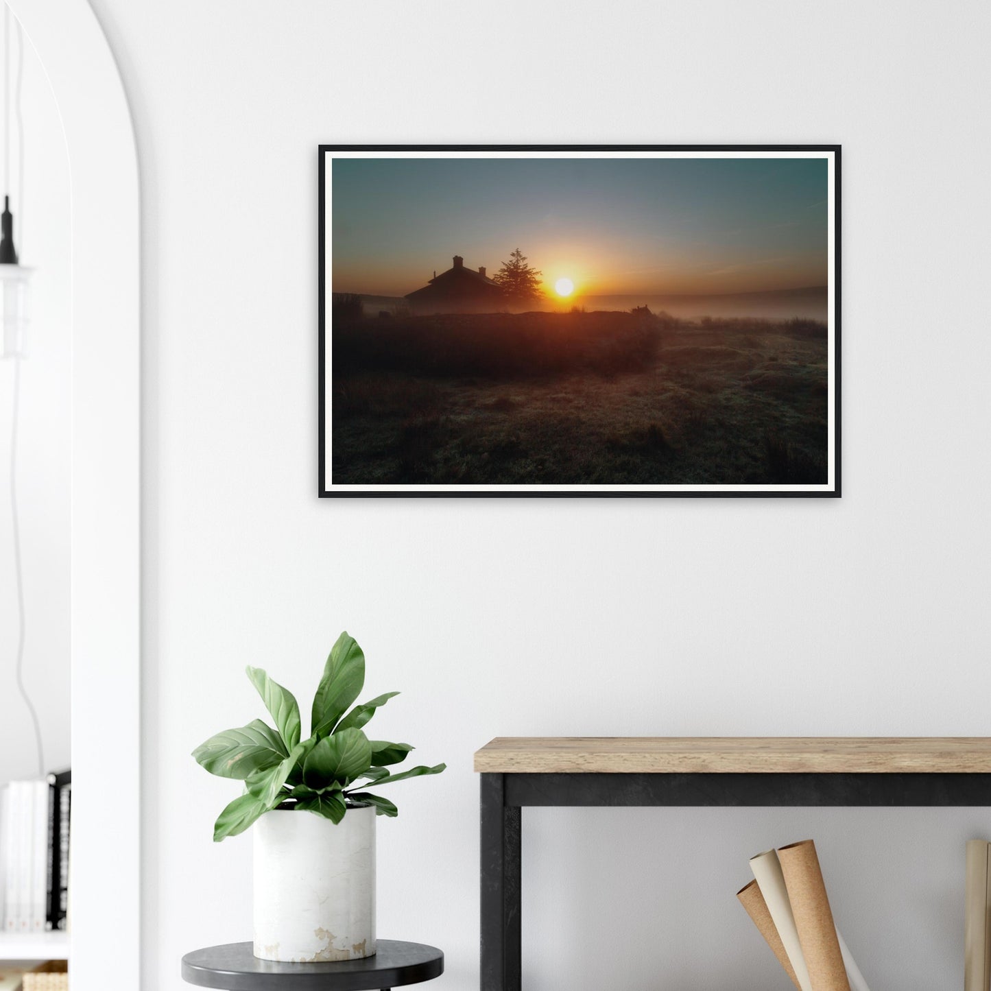 Atmospheric framed landscape of Nun’s Cross Farm Dartmoor sunrise
