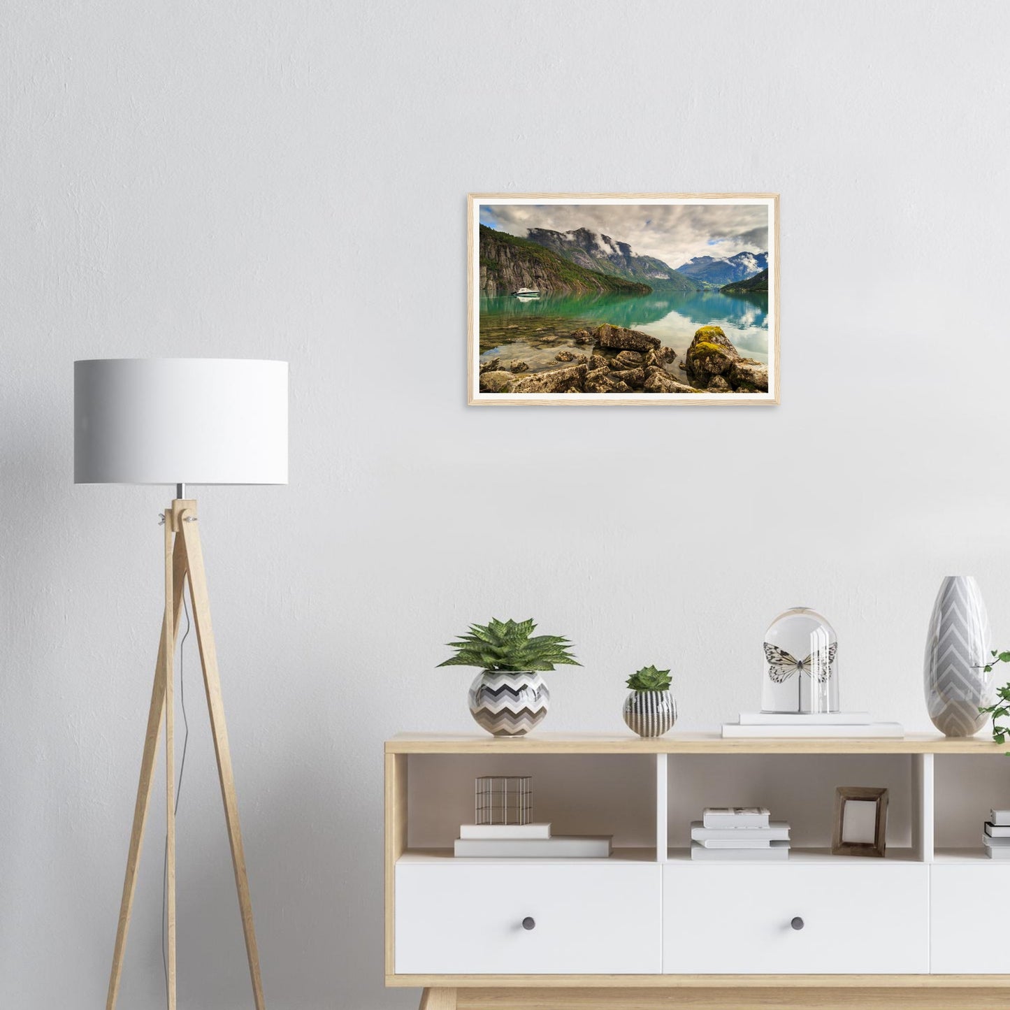 Moss-covered rocks at Strynevatnet Lake framed print foreground
