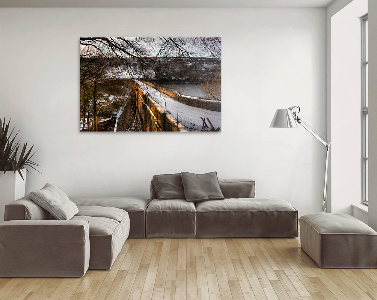 Printable wall art of Dartmoor stone dam with snow