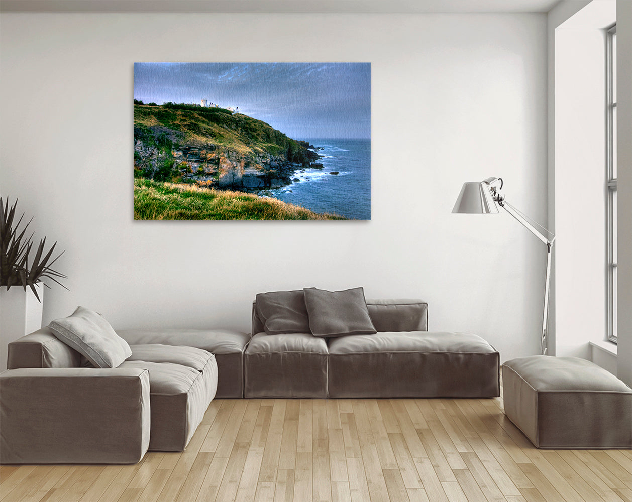 Printable wall art of Cornwall lighthouse on rugged cliffs