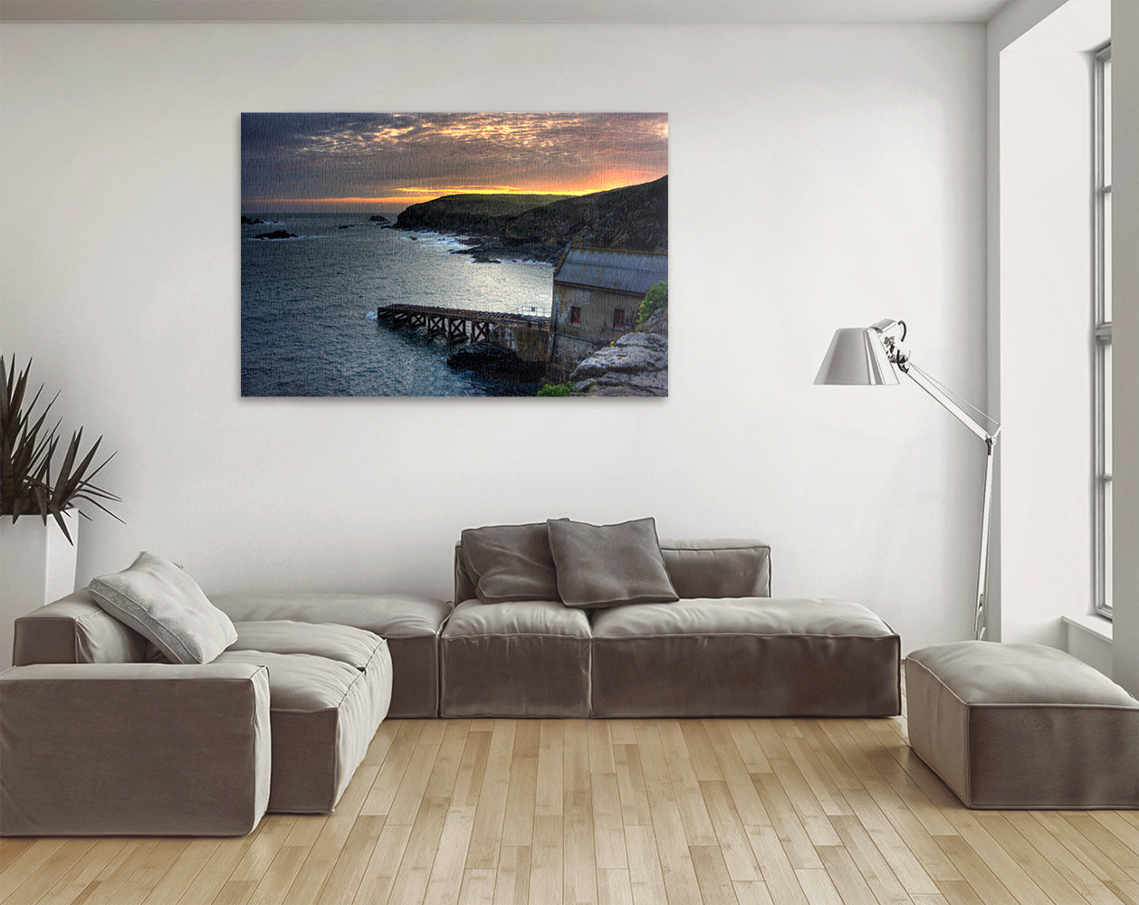 Printable wall art of Cornwall coast at sunset with lifeboat station