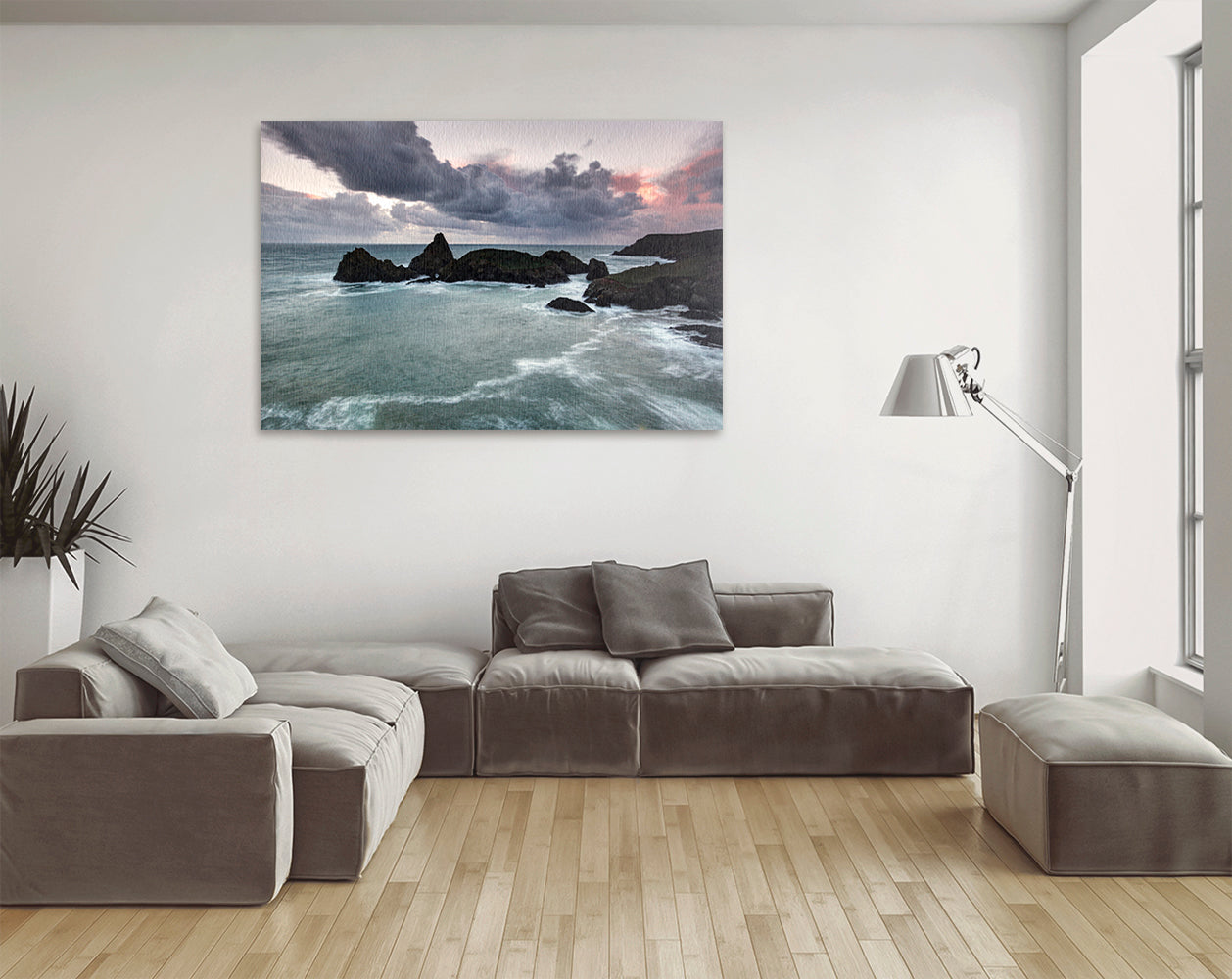 Printable wall art of Cornish cliffs and sea stacks at sunset