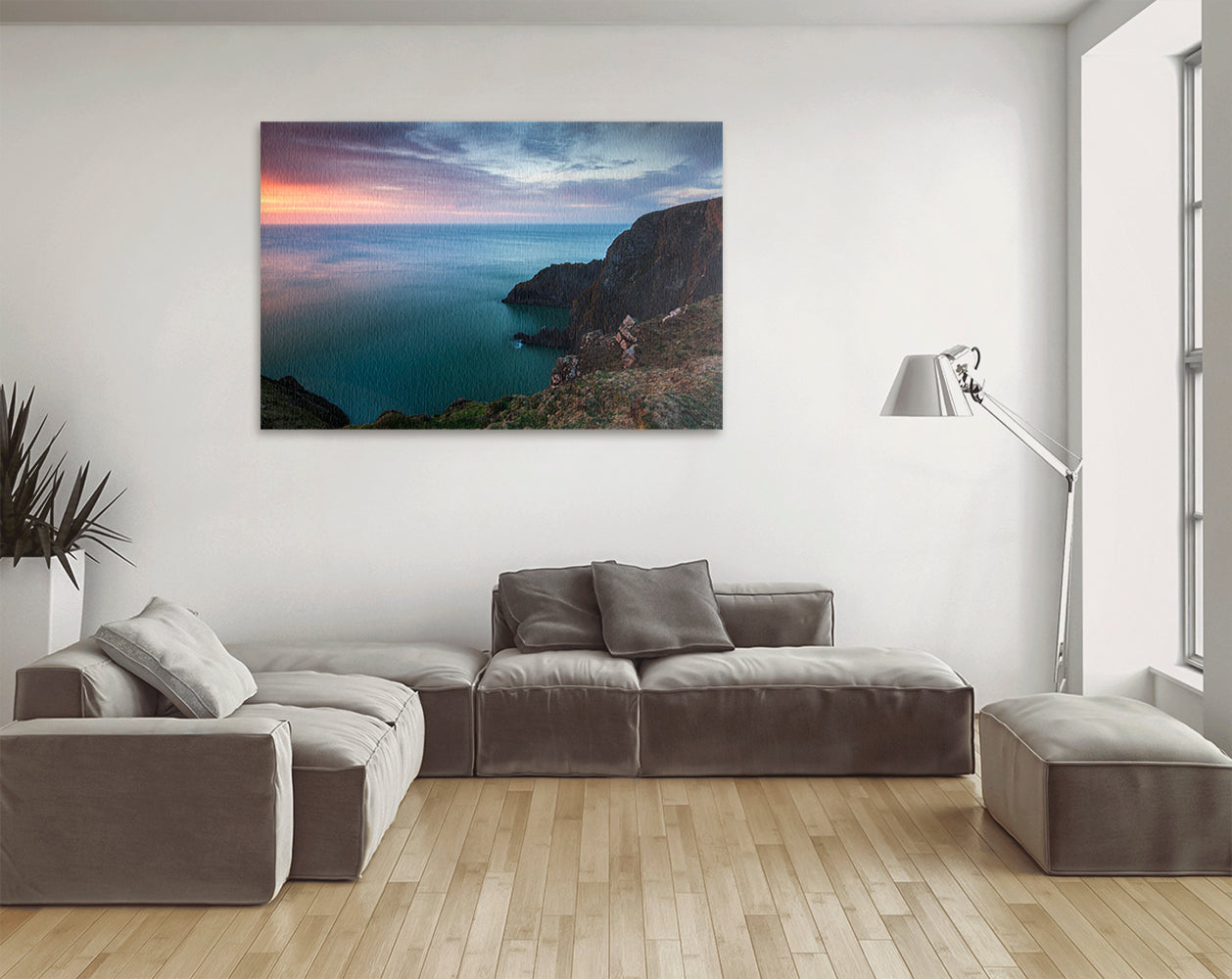 Printable wall art of Devon coastline with calm sea and cliffs