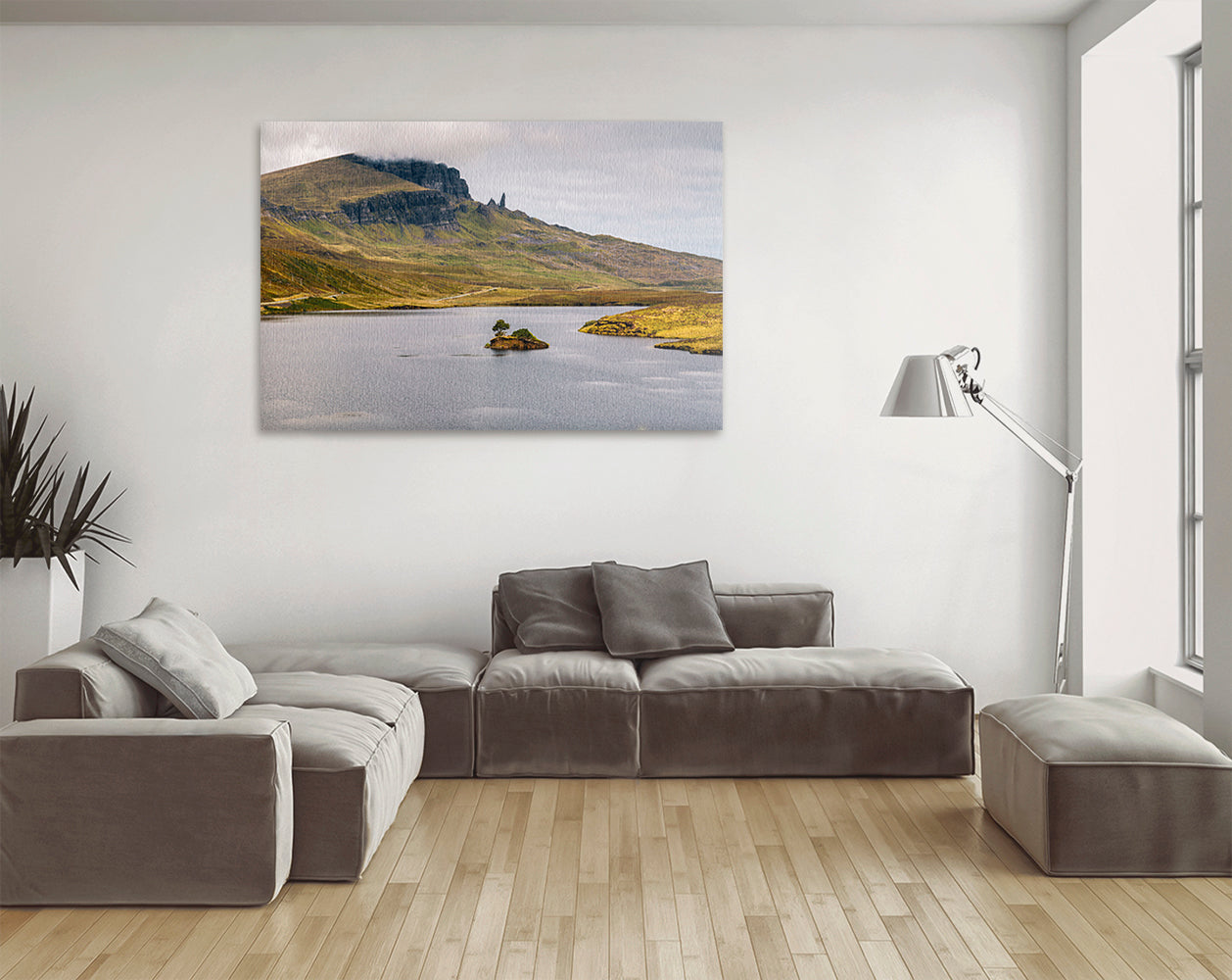 Printable wall art of Scottish Highlands rock pinnacles and loch