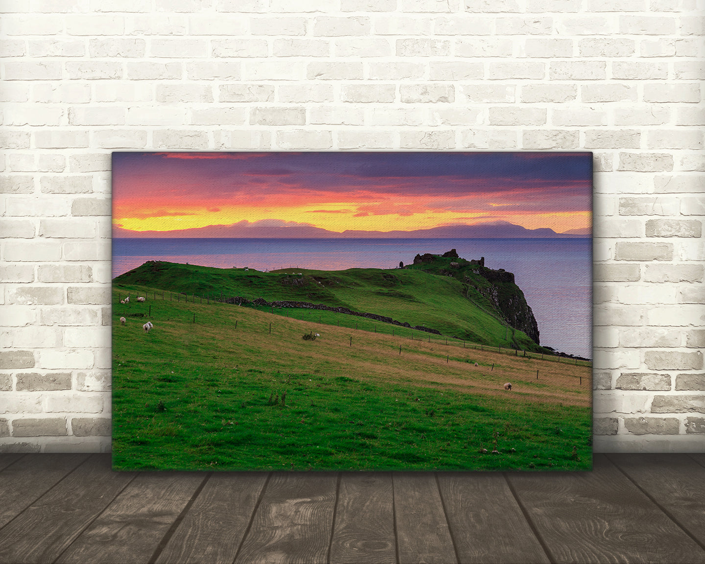 High-resolution photograph of Duntulm Castle at sunset Skye