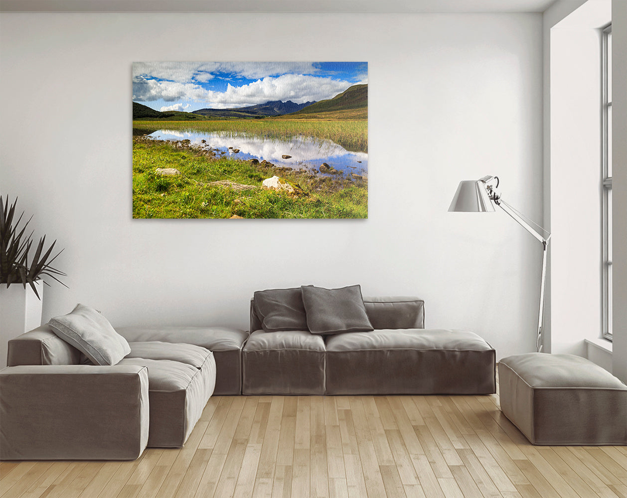 Printable wall art of reed-filled loch with mountain reflections Skye