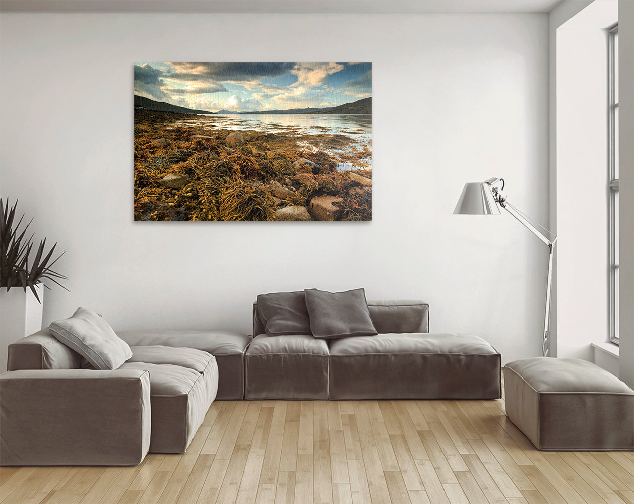 Printable wall art of seaweed shore and calm loch waters Skye