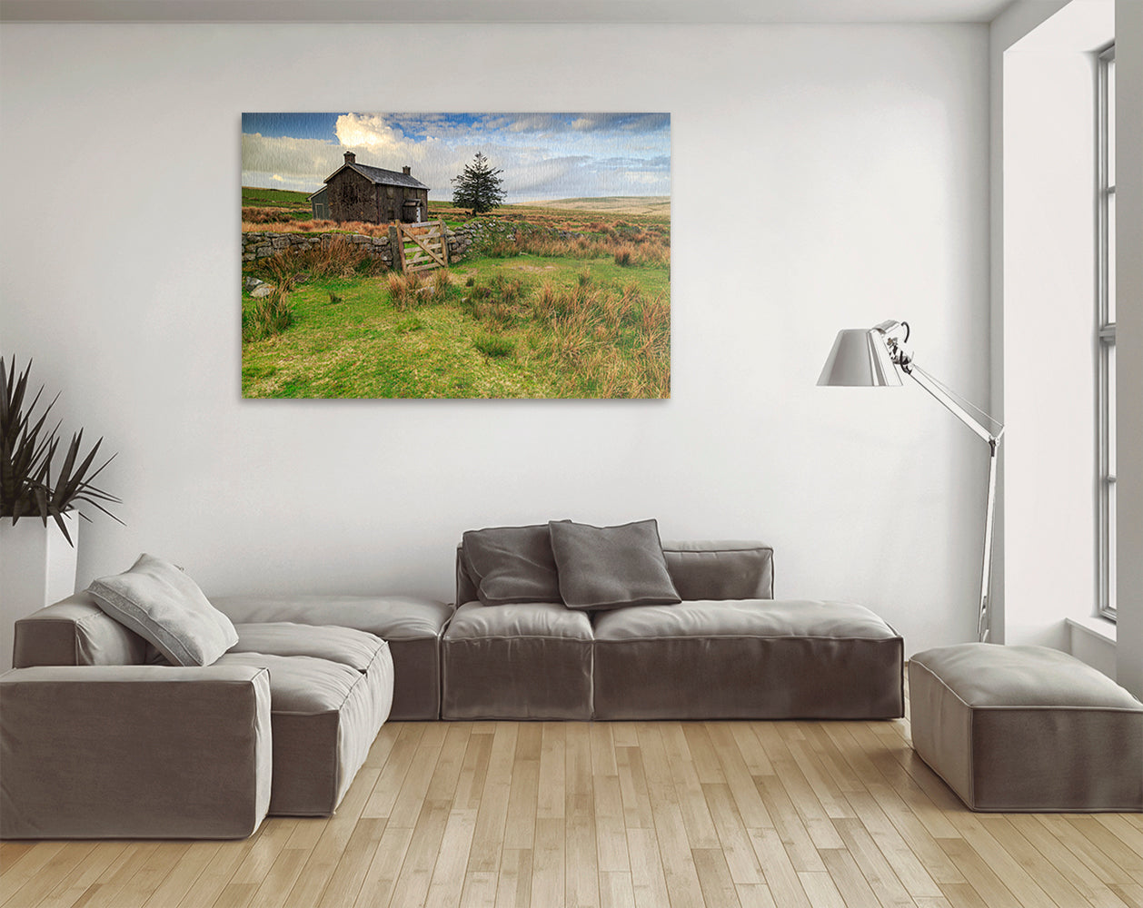 Printable wall art of Dartmoor farmhouse in open moorland