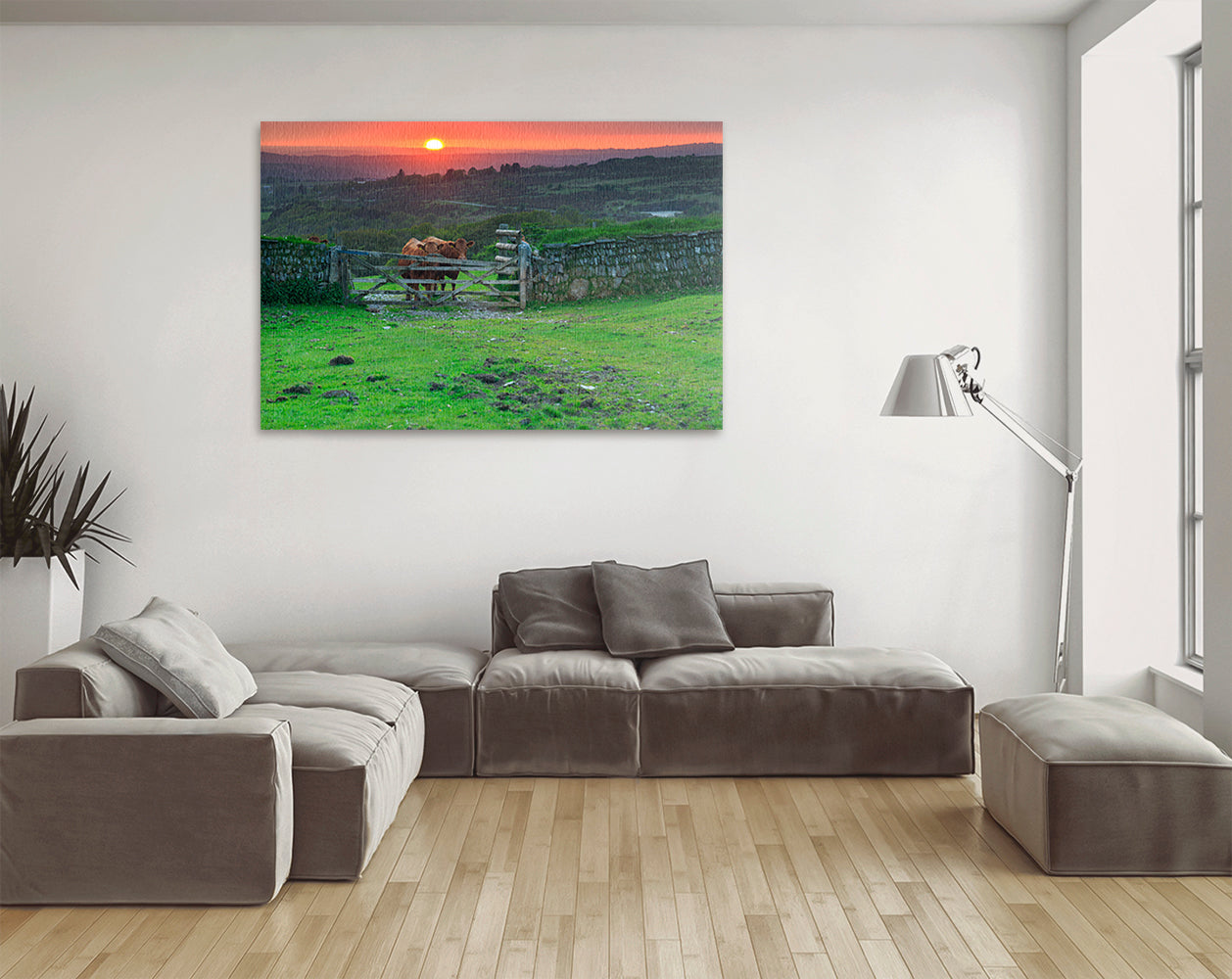 Printable wall art of Devon countryside with cattle at sunset