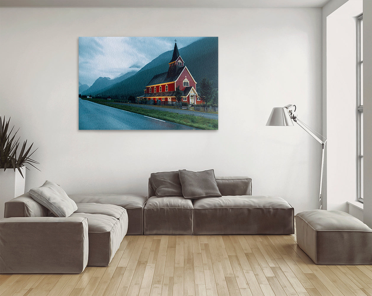 Printable wall art of Norwegian church with mountain backdrop