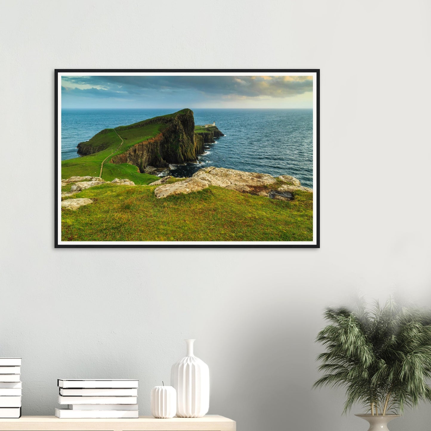 Isle of Skye framed print of Neist Point lighthouse and rugged cliffs