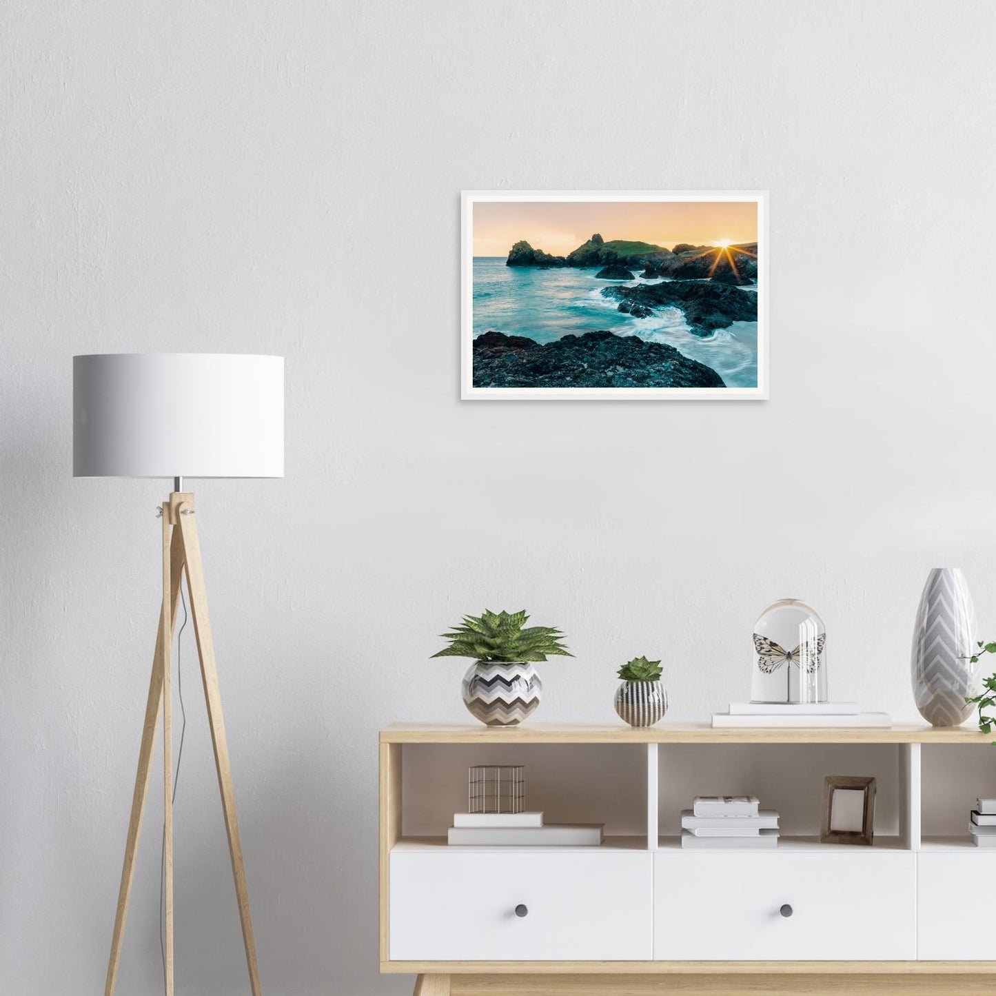 Radiant sparkle of sun over Kynance Cove framed print