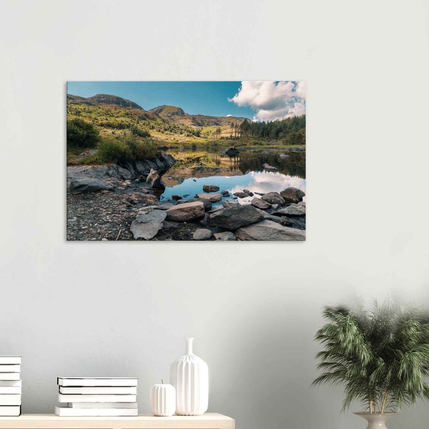 Llyn Llywelyn canvas print with still lake and mountain reflections