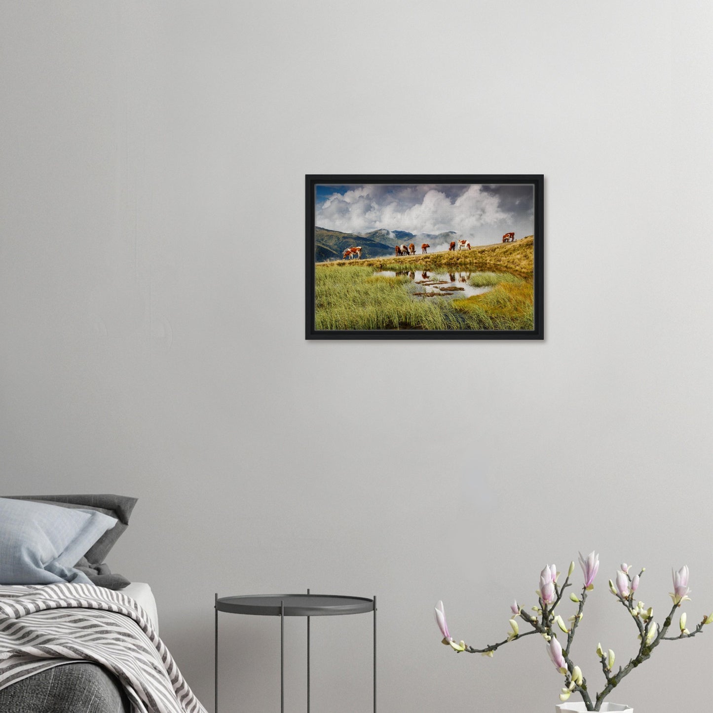 Framed artwork of cows and mountains in Austrian highlands