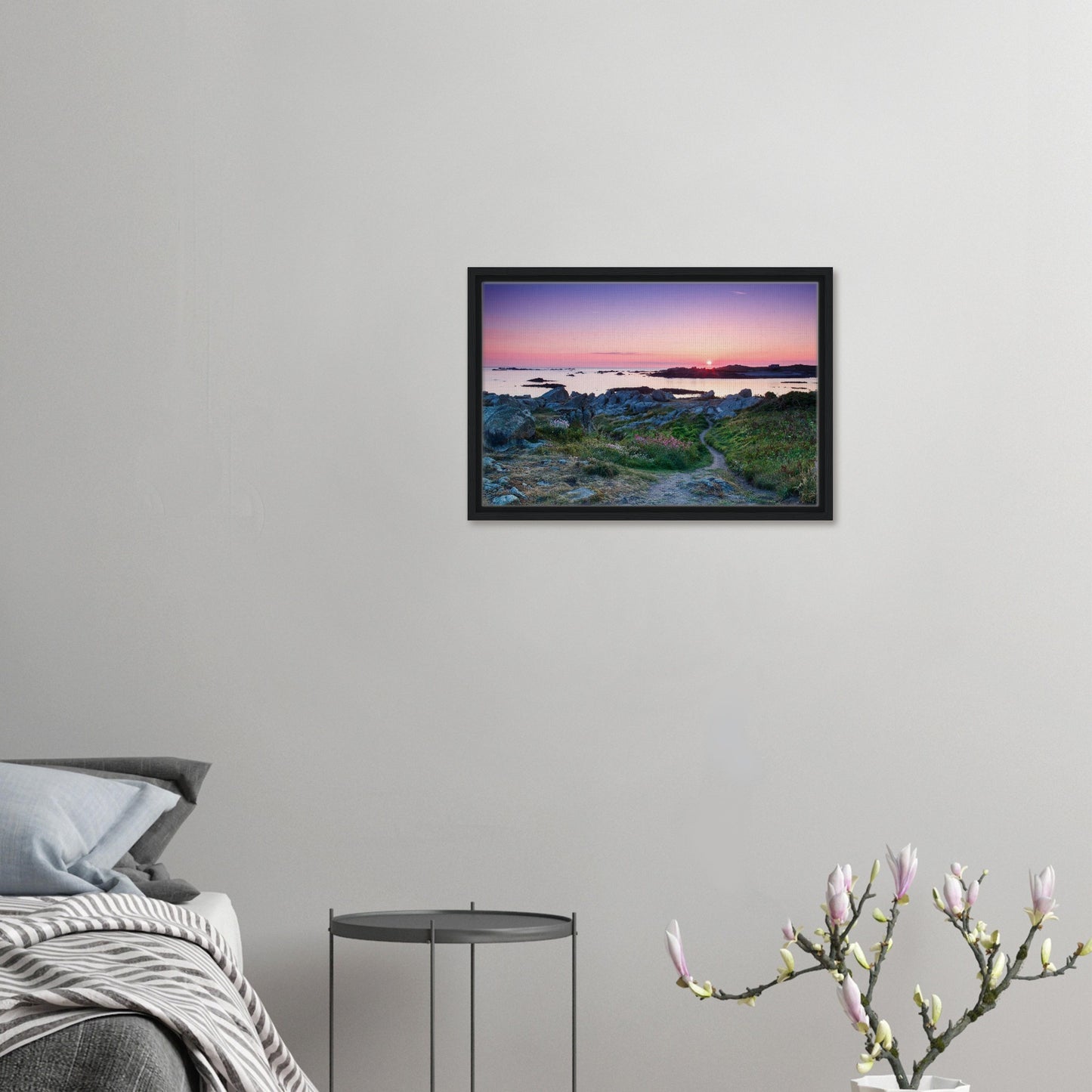 Guernsey framed canvas with sunlit tide pools and coastal flora