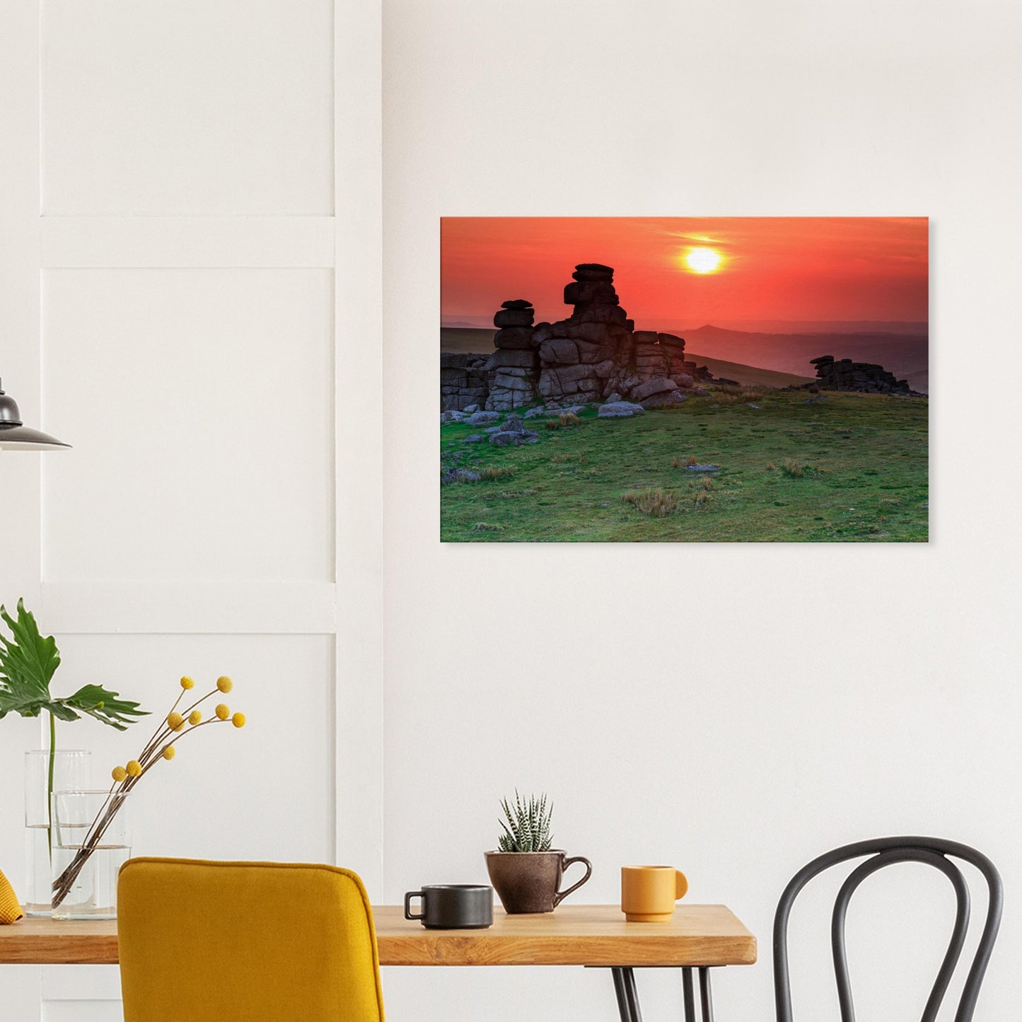 Dartmoor National Park canvas with sunset illuminating wild moor and rocky tor.