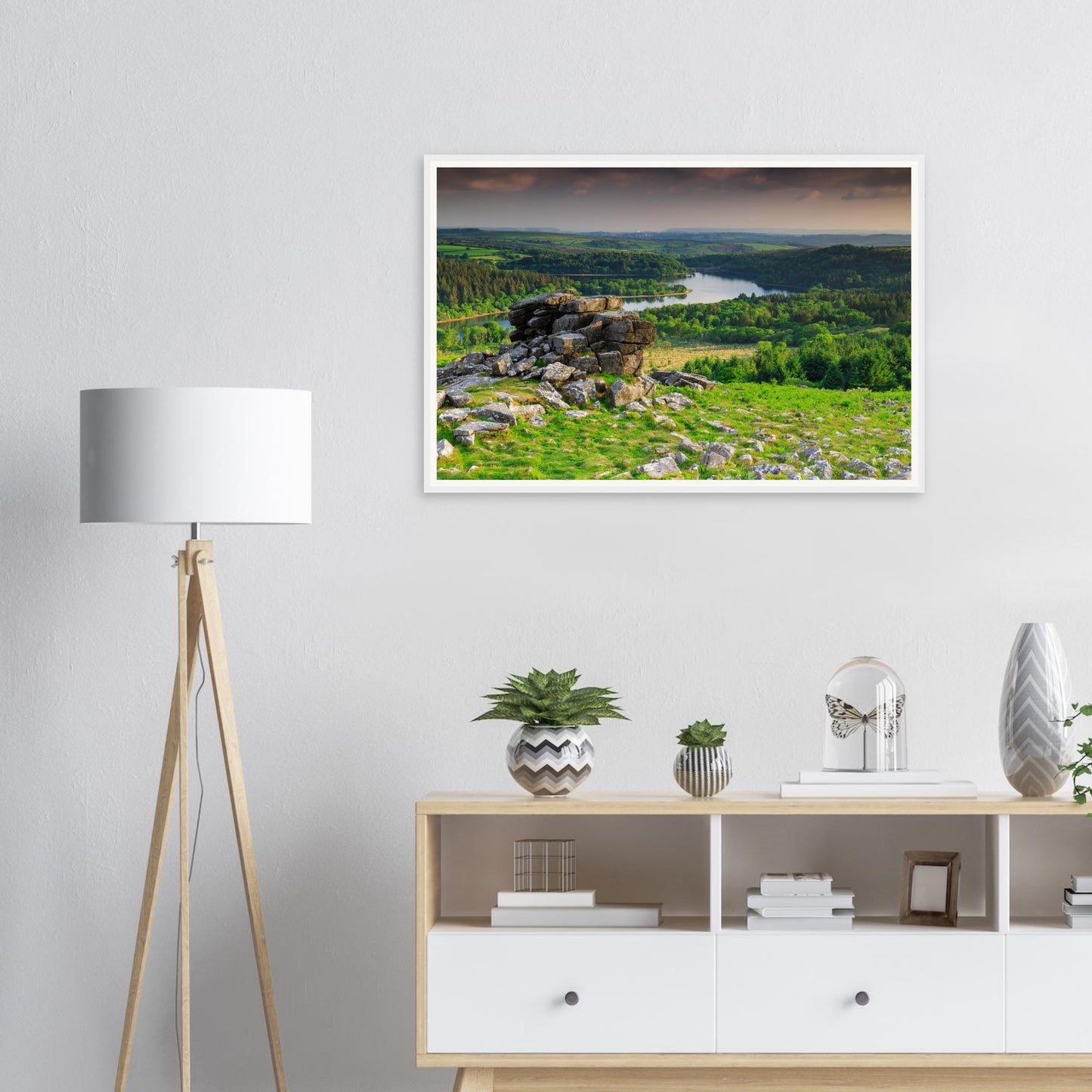 Tranquil Burrator Reservoir and surrounding hills framed wall art