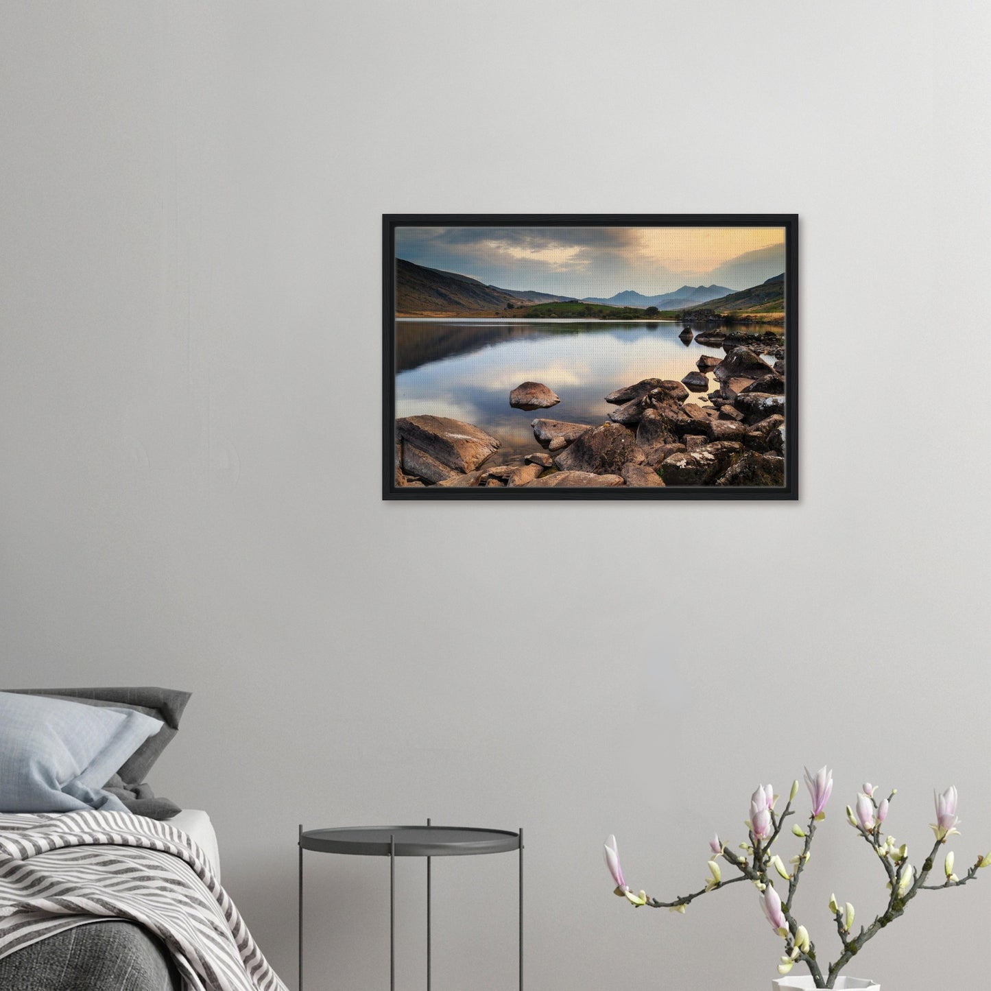 Still waters and soft sky over Snowdonia lake wall art