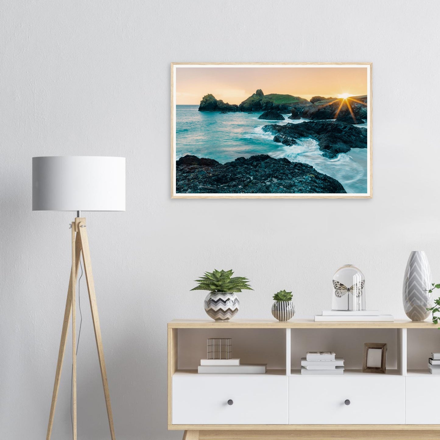 Sunset glow over rugged cliffs at Kynance Cove framed print