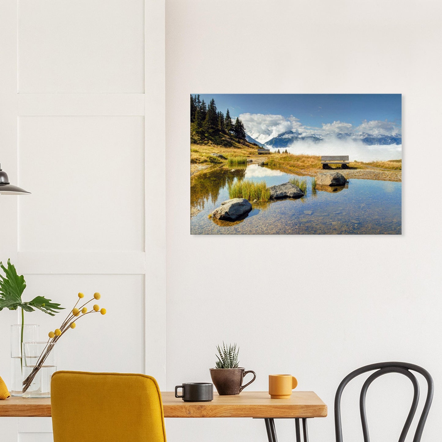 Canvas print of Panoramabahn with a still pond, mountain seating, and misty backdrop blending stillness and grandeur.