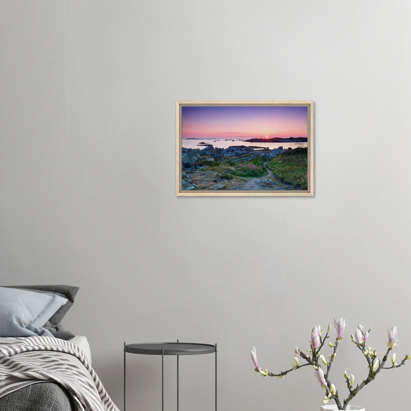 Tranquil framed print of Guernsey’s Lihou Island in golden light