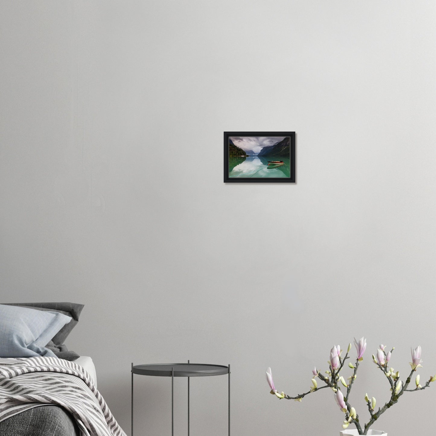 Framed print of peaceful Lovatnet Lake and floating boat