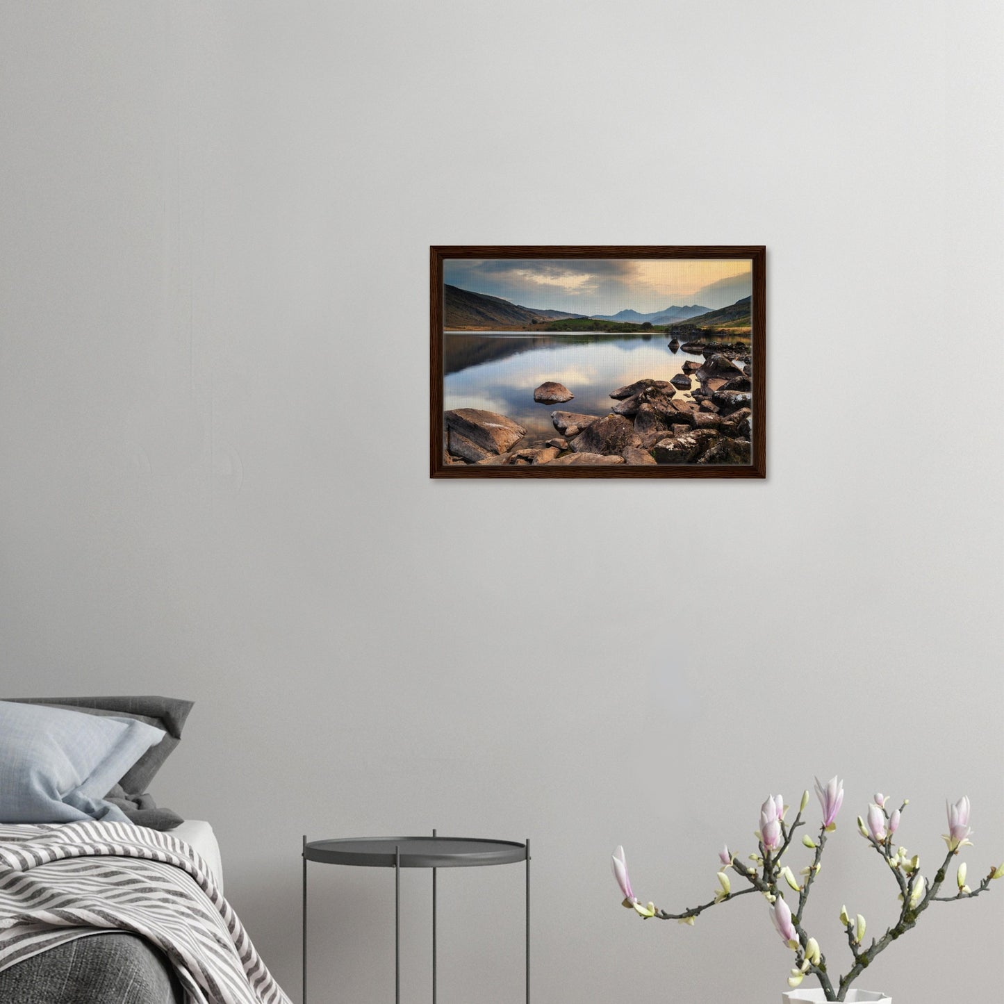 Tranquil lake reflections at Llynnau Mymbyr in framed print