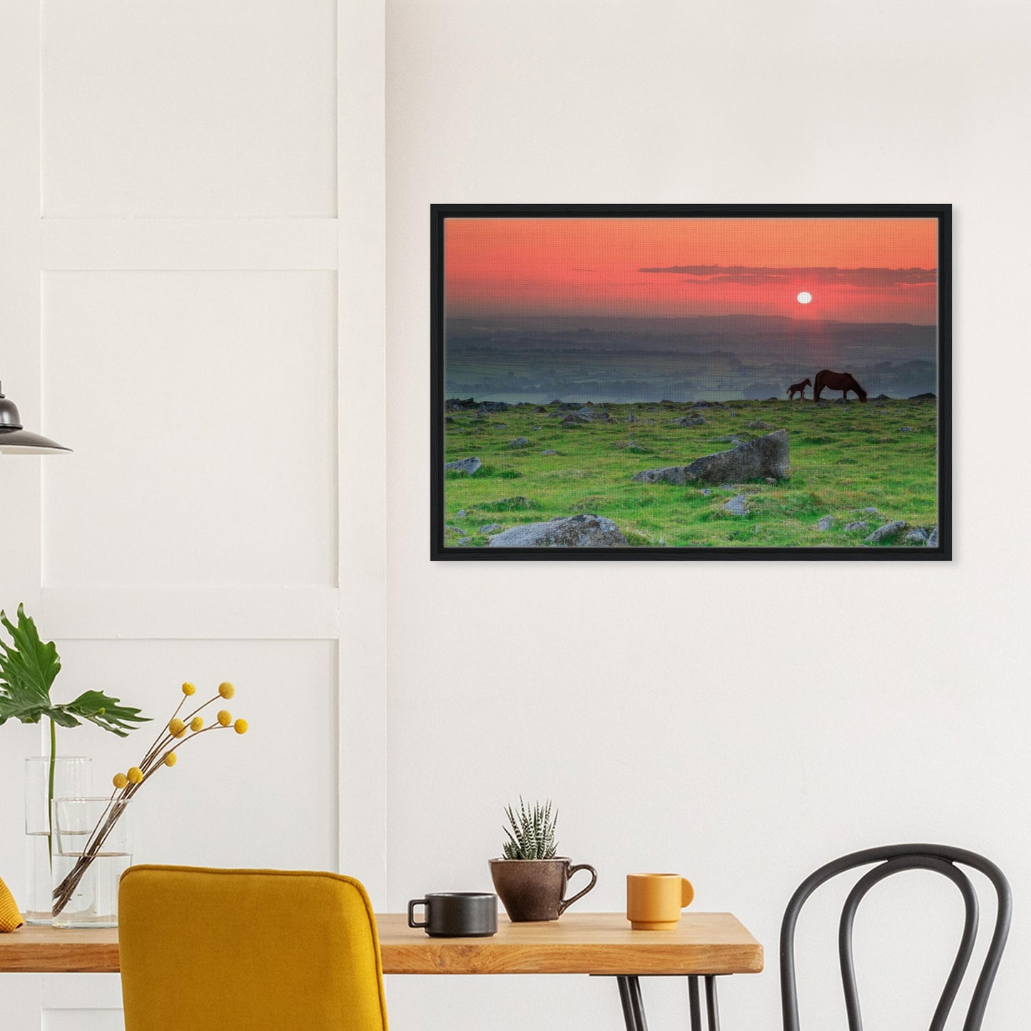 Heartwarming Dartmoor scene with ponies and setting sun
