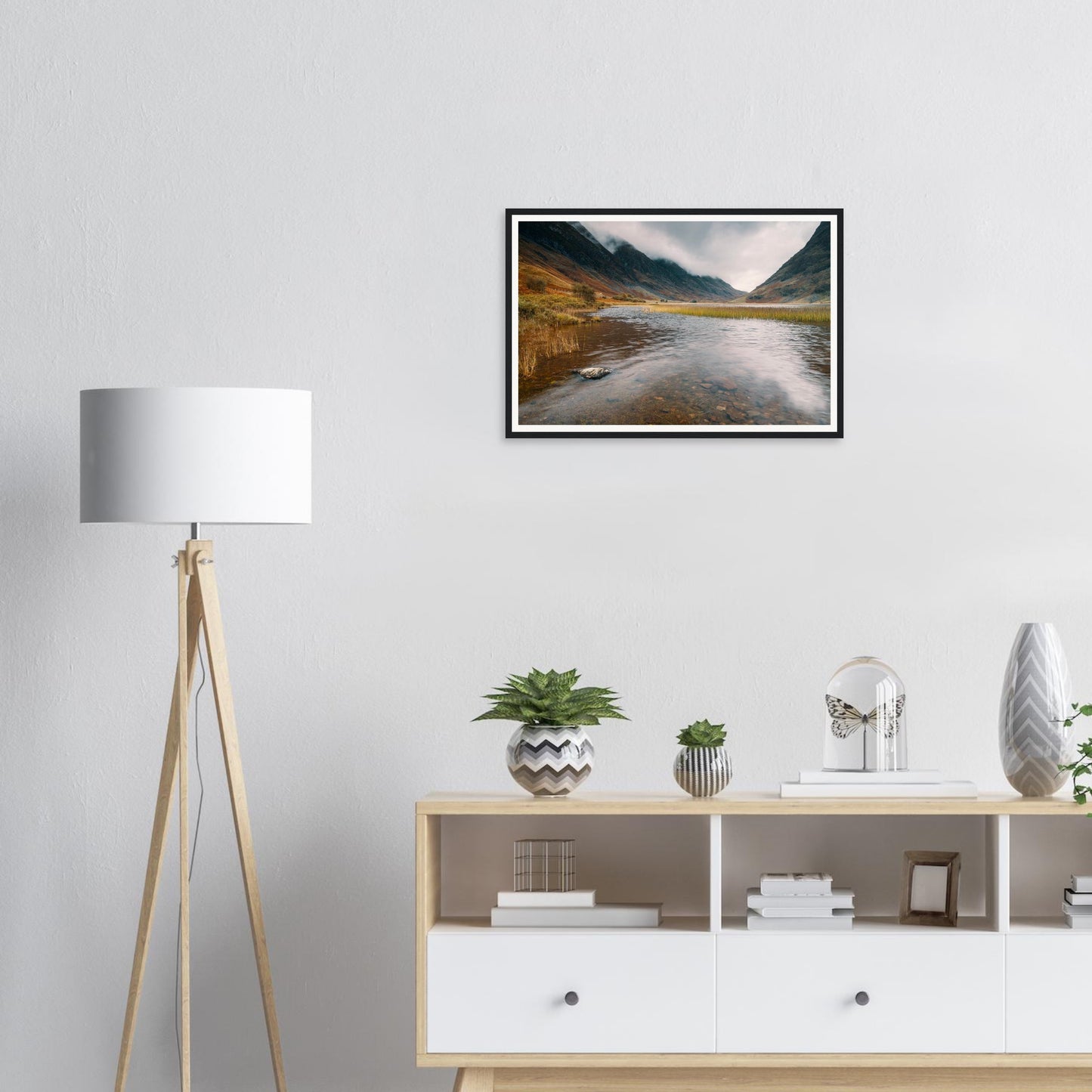 Framed landscape print of Glencoe valley and reflective loch