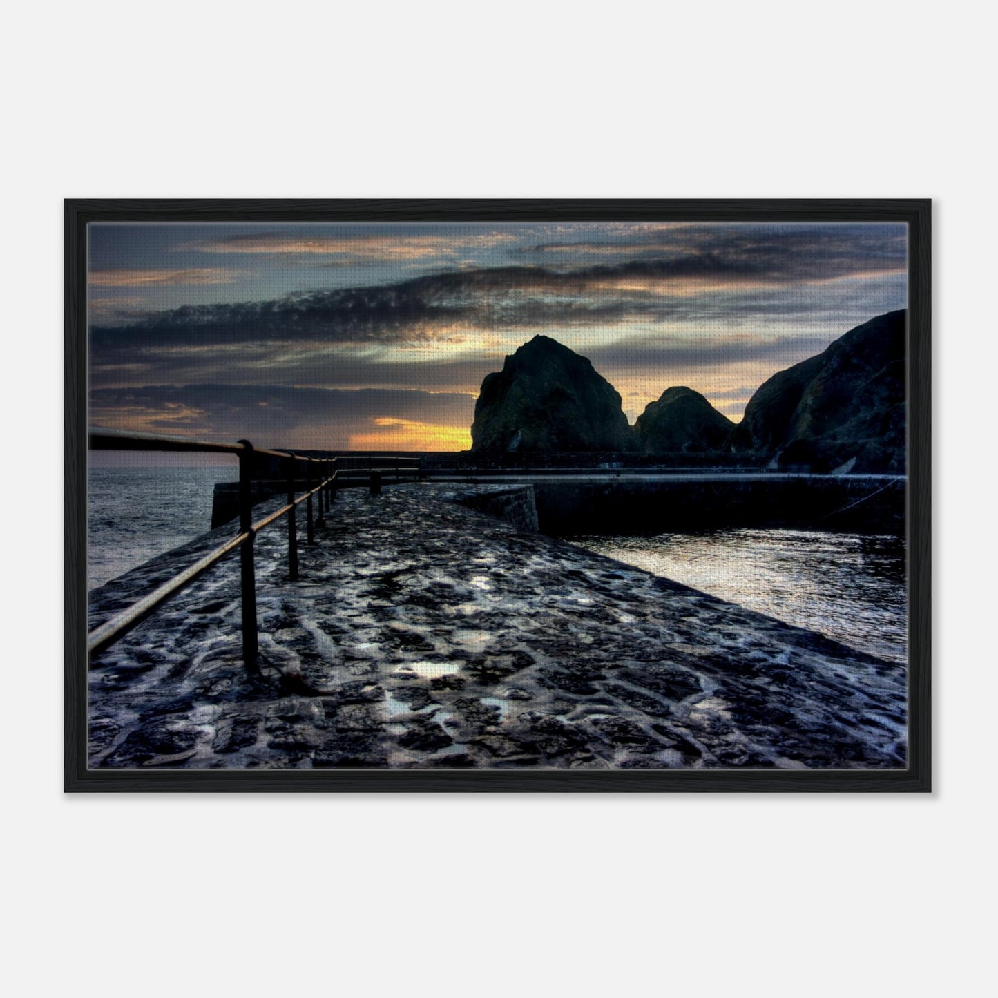 Golden light on cliffs and slipway at Mullion Cove in print