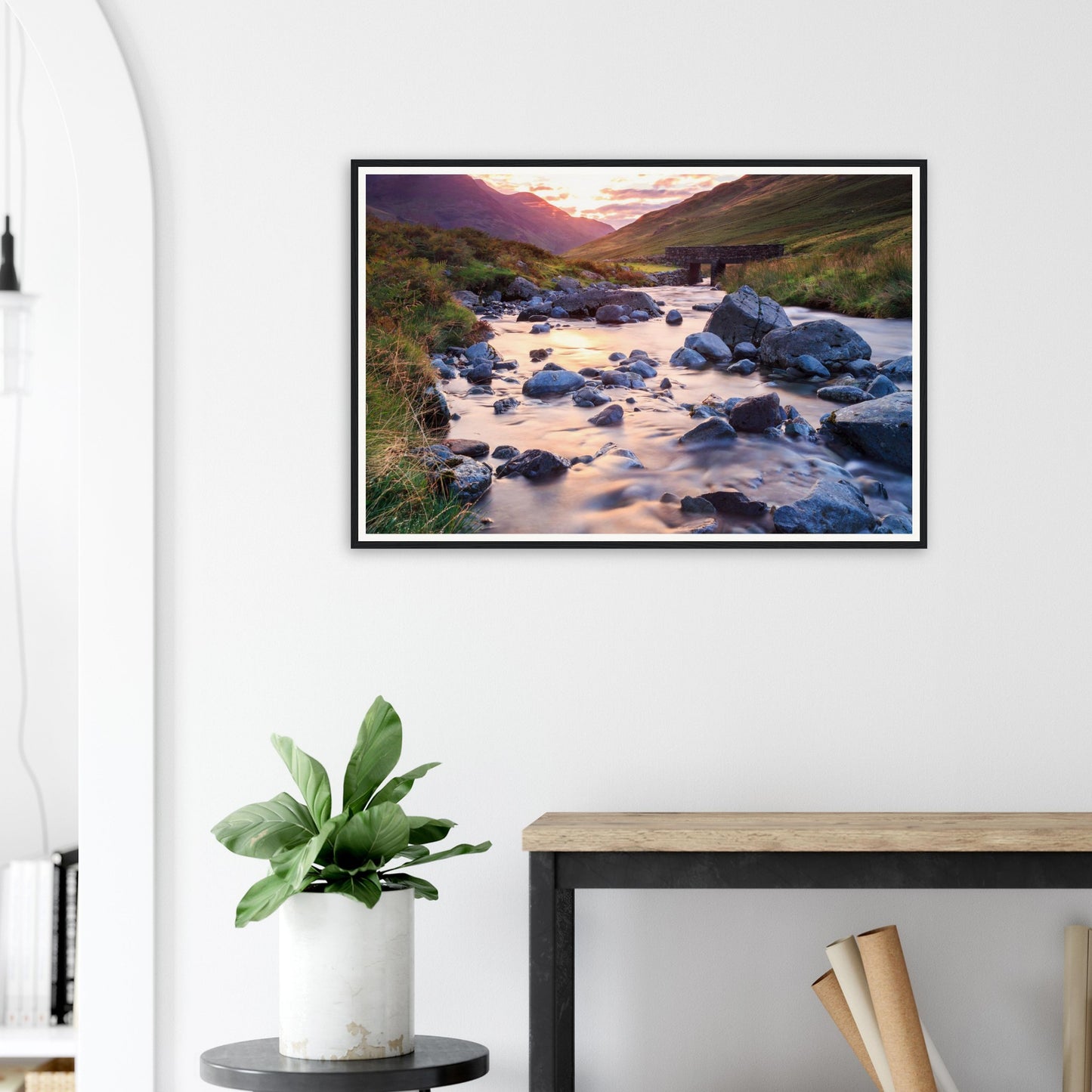 Serene framed print of Honister Pass stream and valley