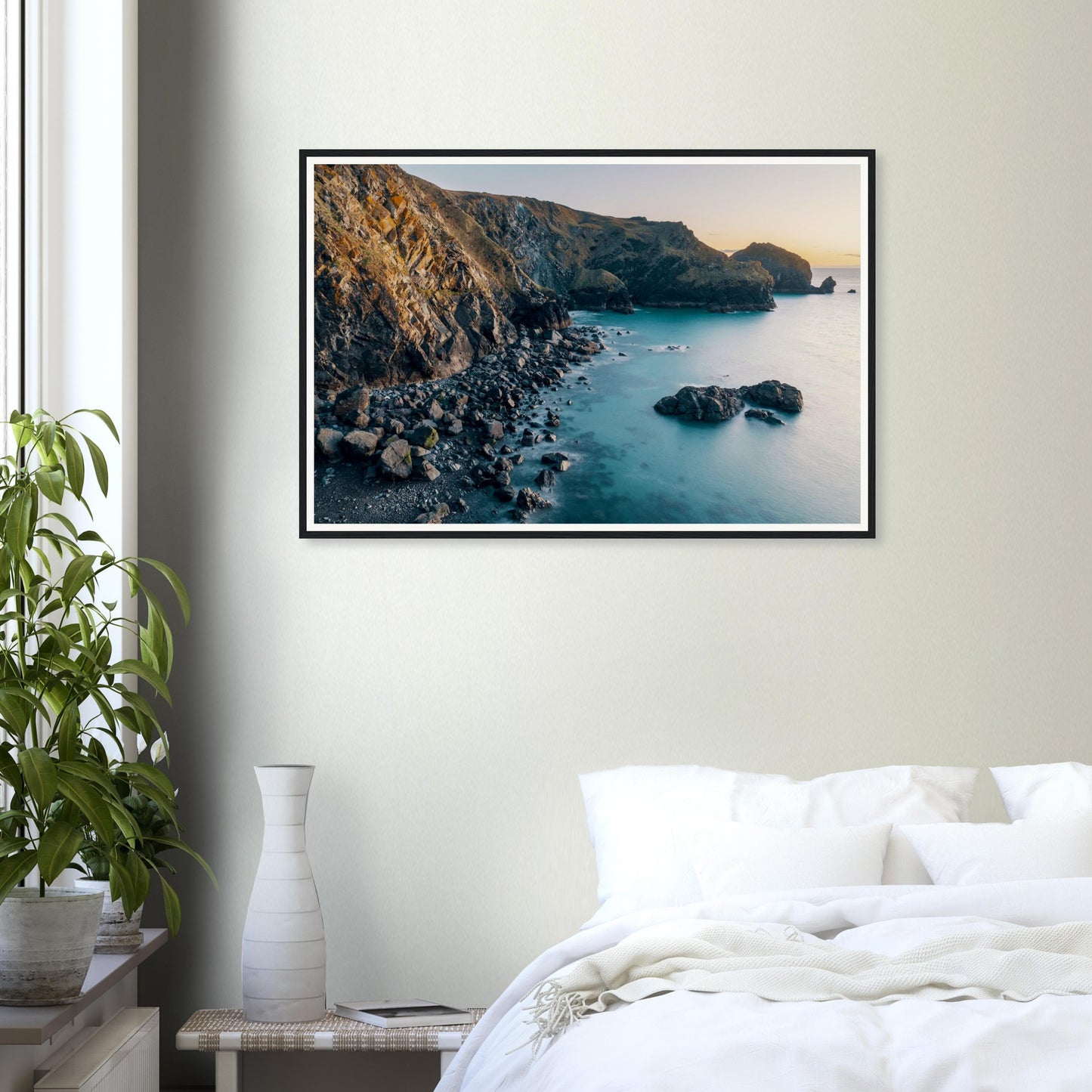 Scenic framed print of Mullion Cove coastline in evening light