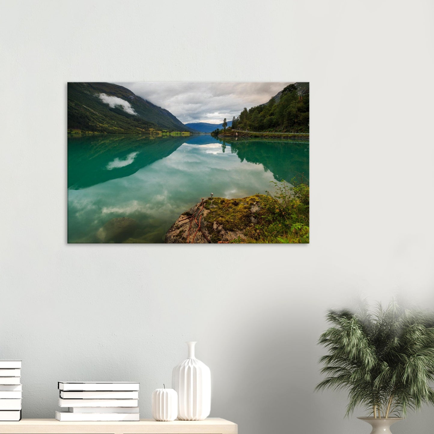 Canvas print of Oldevatnet Lake with perfect mountain reflections in Norway.